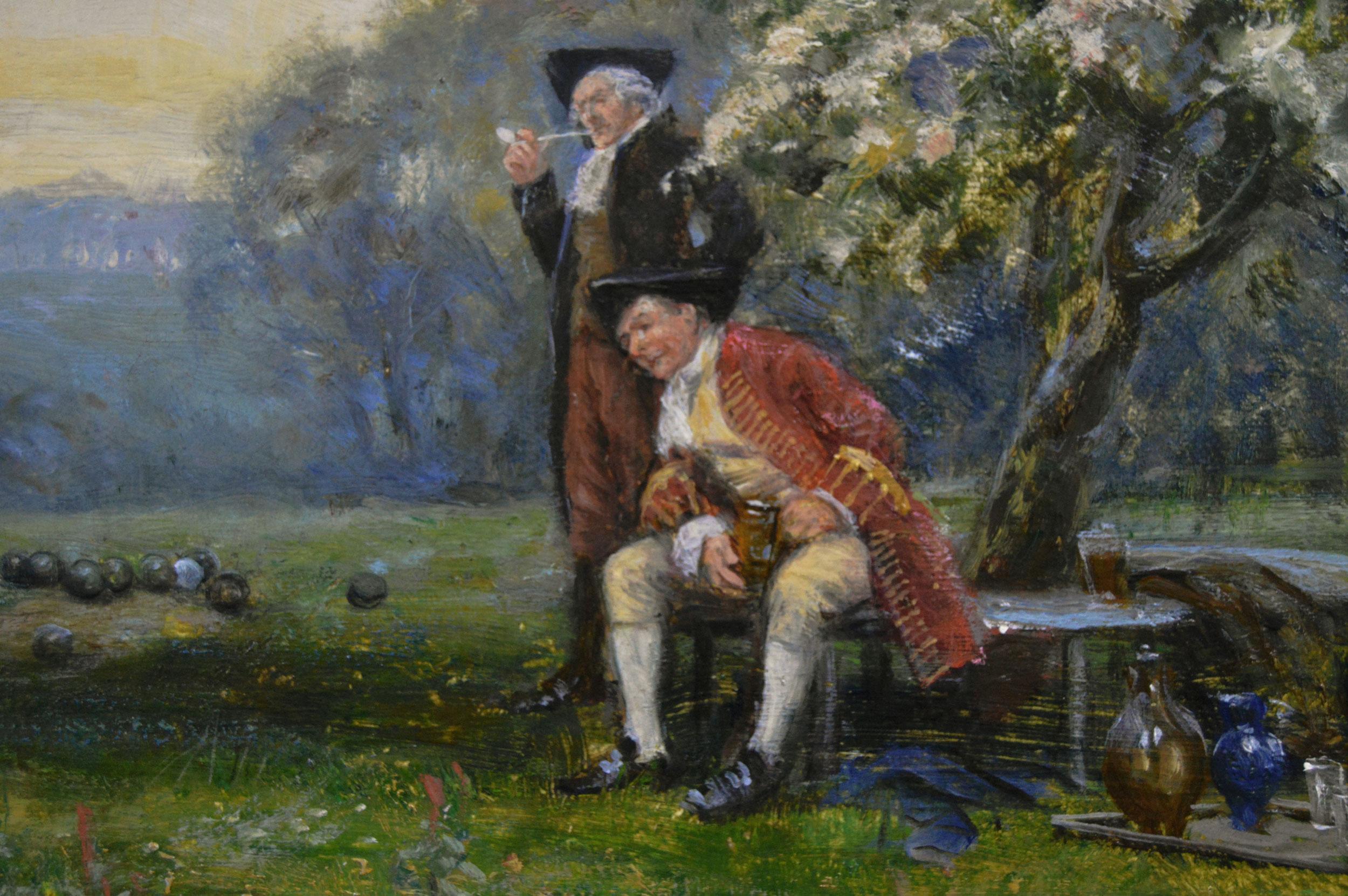 Frank Moss Bennett
British, (1874-1952)
The Bowling Match
Oil on canvas, signed & dated 1922, with original slip
Image size: 13.5 inches x 19.5 inches 
Size including frame: 20.25 inches x 26.25 inches

An engaging historical genre painting by Frank