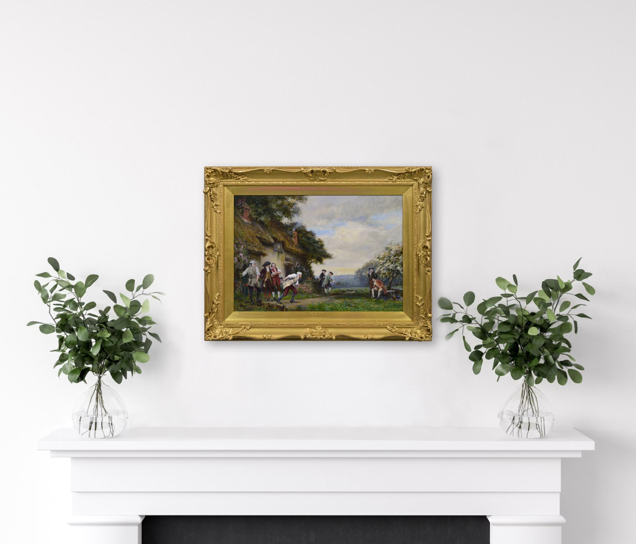 Historical genre oil painting of gentlemen playing bowls For Sale 3