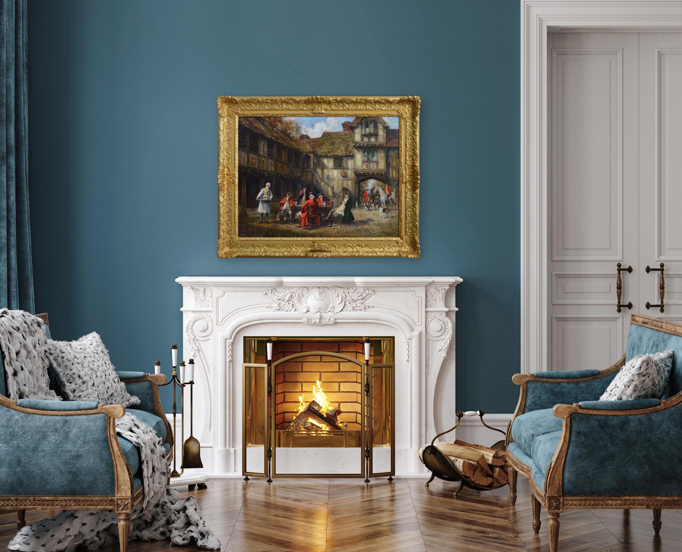 Historical genre oil painting of hunters & hounds at an inn 5