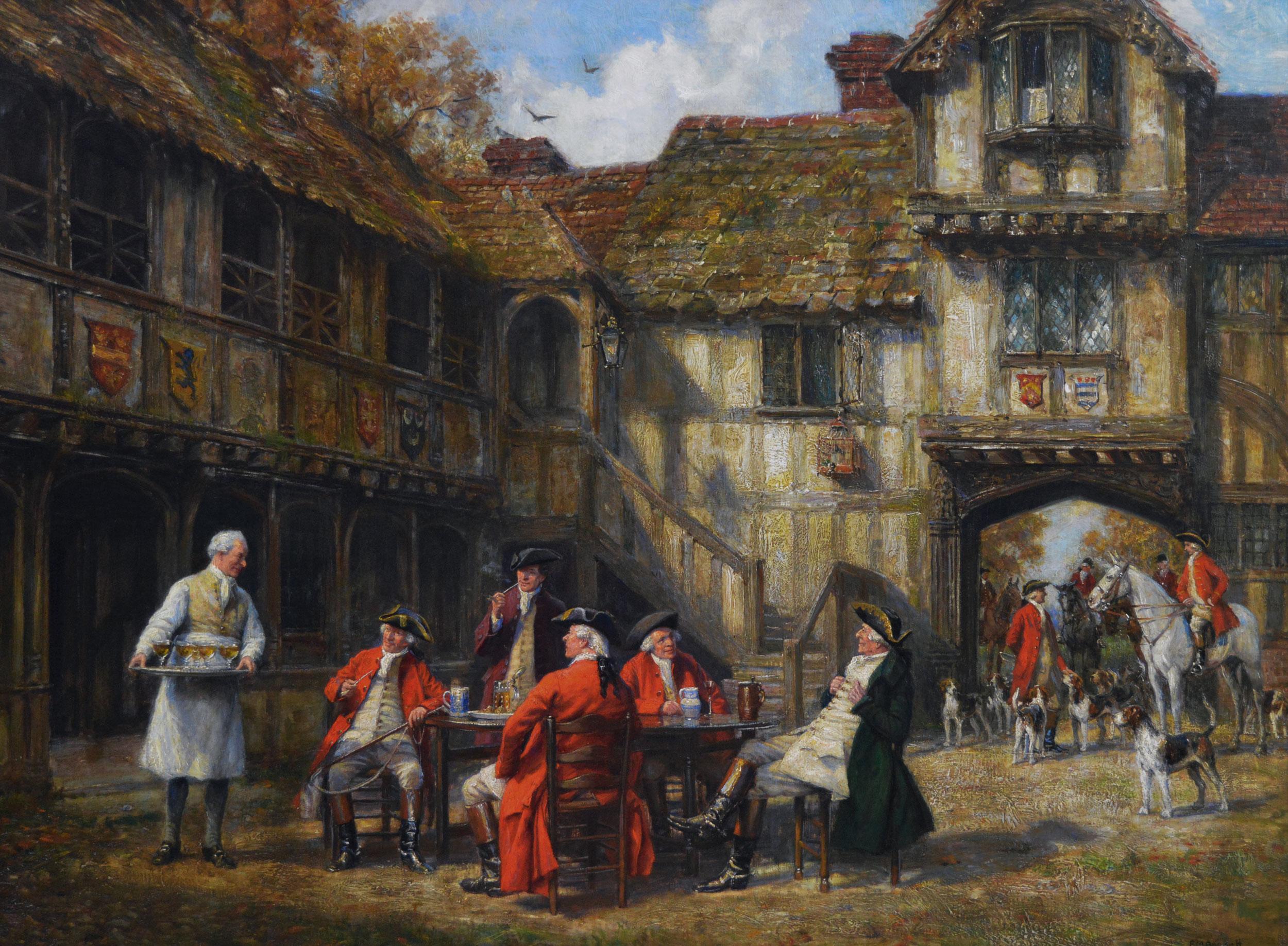 Historical genre oil painting of hunters & hounds at an inn - Painting by Frank Moss Bennett