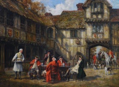 Historical genre oil painting of hunters & hounds at an inn