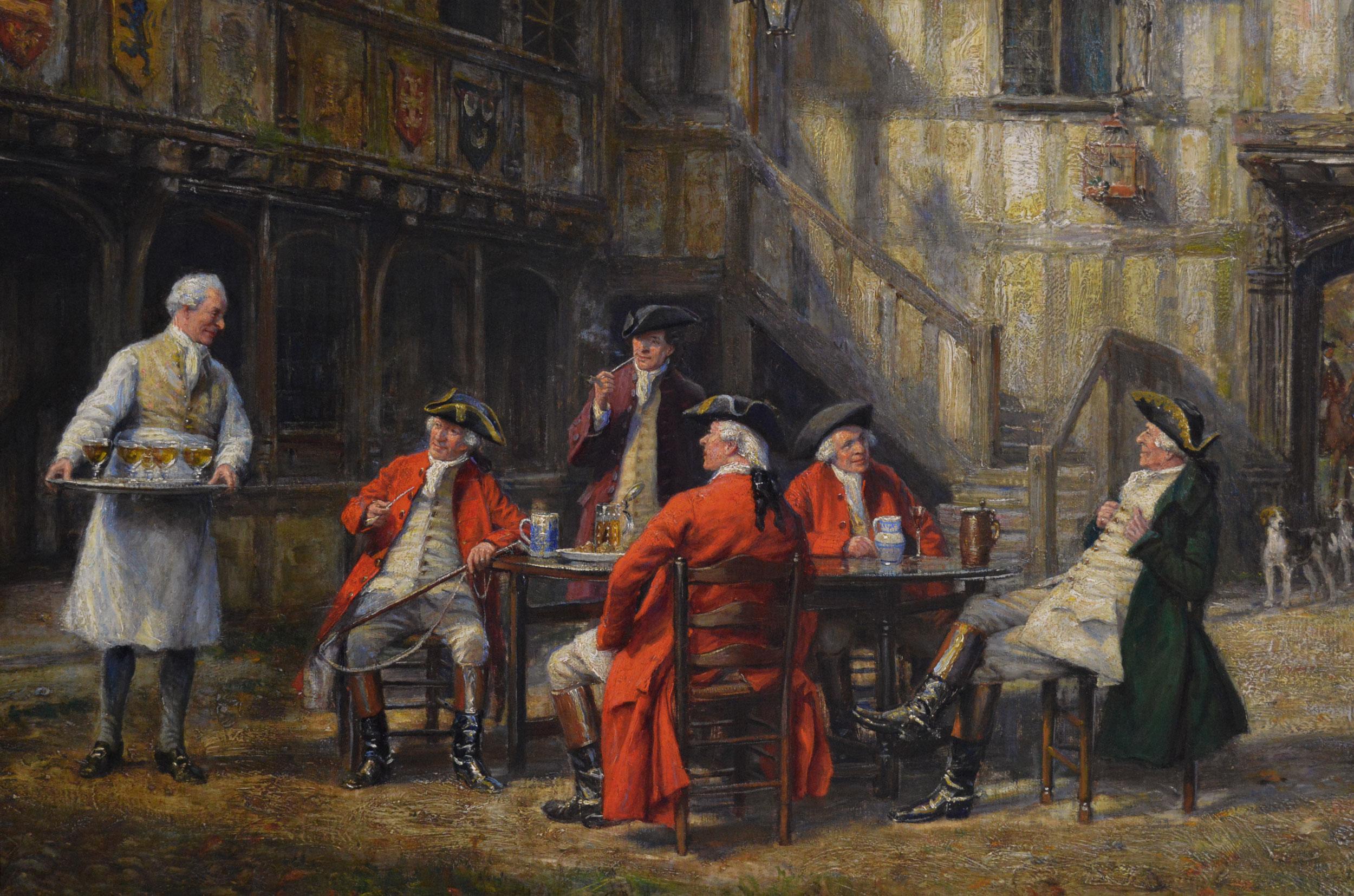 Historical genre oil painting of hunters & hounds at an inn - Victorian Painting by Frank Moss Bennett