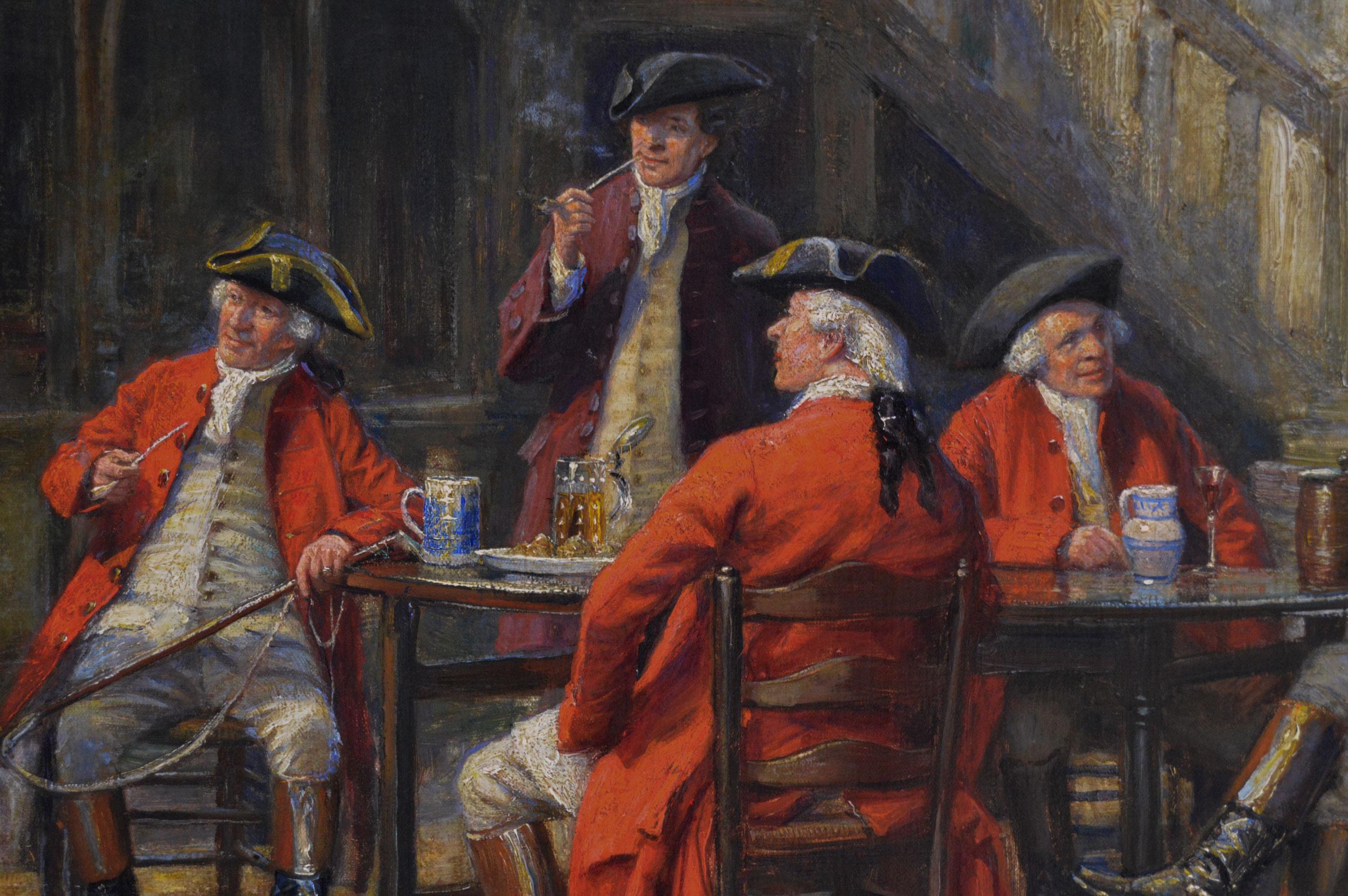 Historical genre oil painting of hunters & hounds at an inn - Brown Figurative Painting by Frank Moss Bennett
