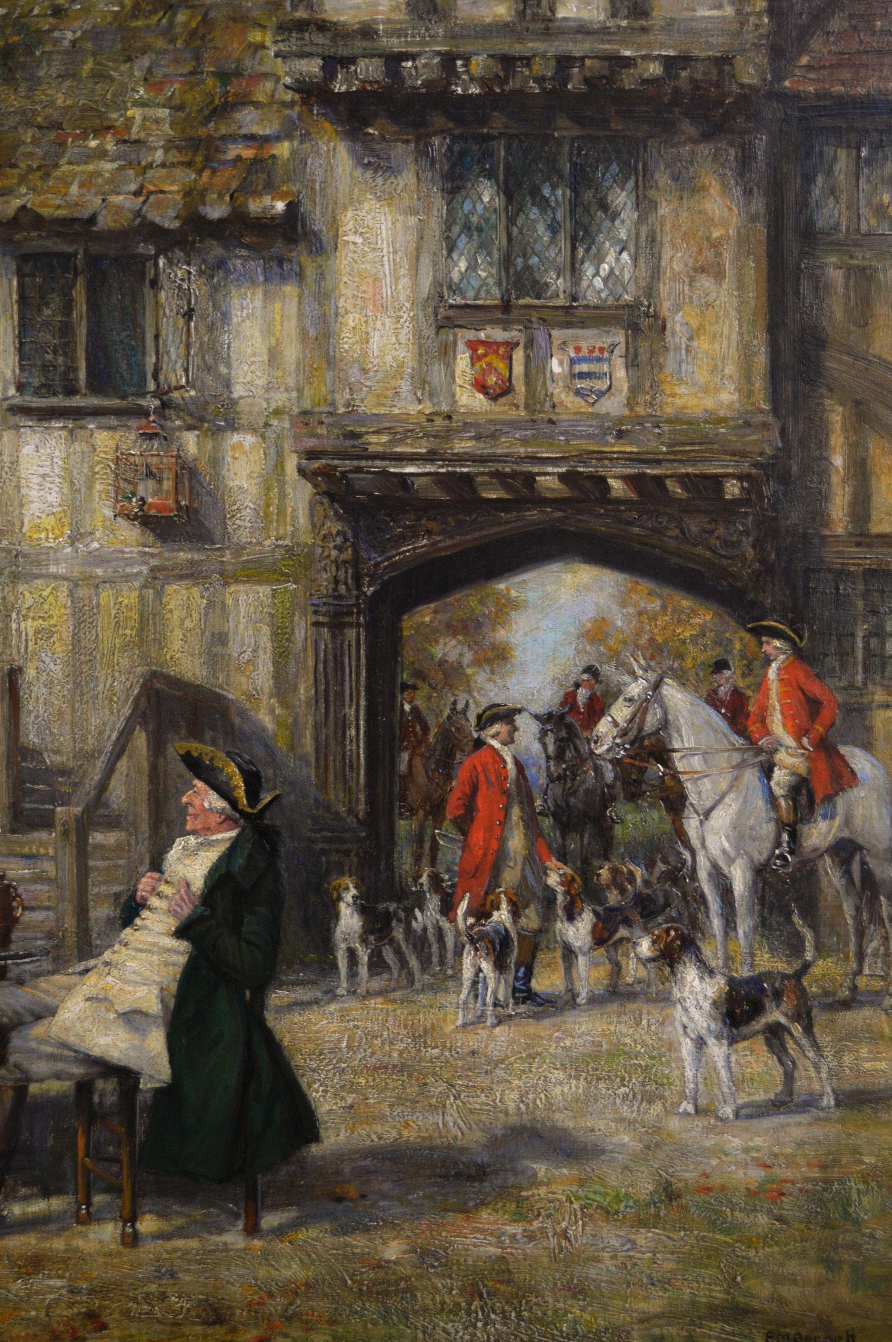 Frank Moss Bennett
British, (1874-1952)
First Meet of the Season
Oil on canvas, signed
Image size: 29.5 inches x 39.5 inches 
Size including frame: 39.5 inches x 49.5 inches
Provenance: Rayner MacConnal, Old Bond Street, London

A wonderful