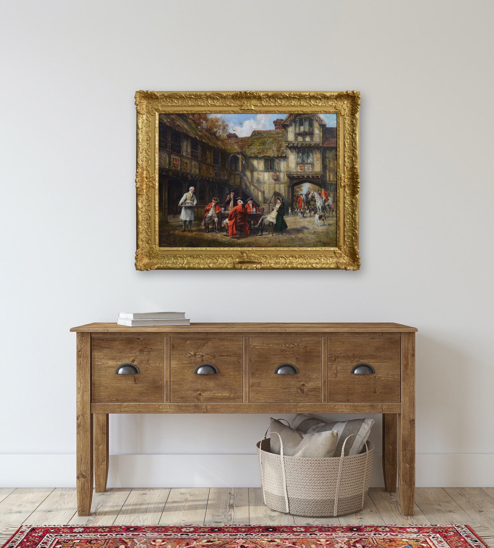 Historical genre oil painting of hunters & hounds at an inn 3