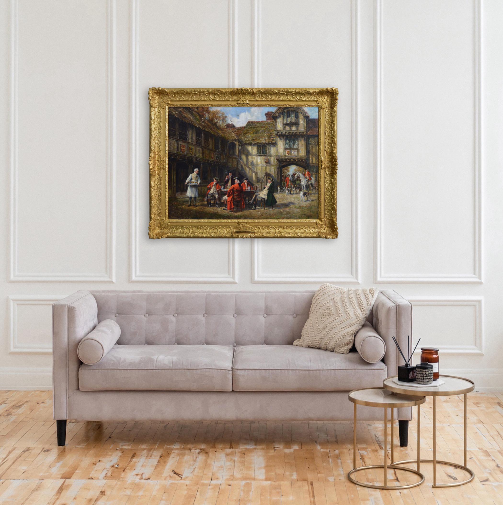 Historical genre oil painting of hunters & hounds at an inn 4
