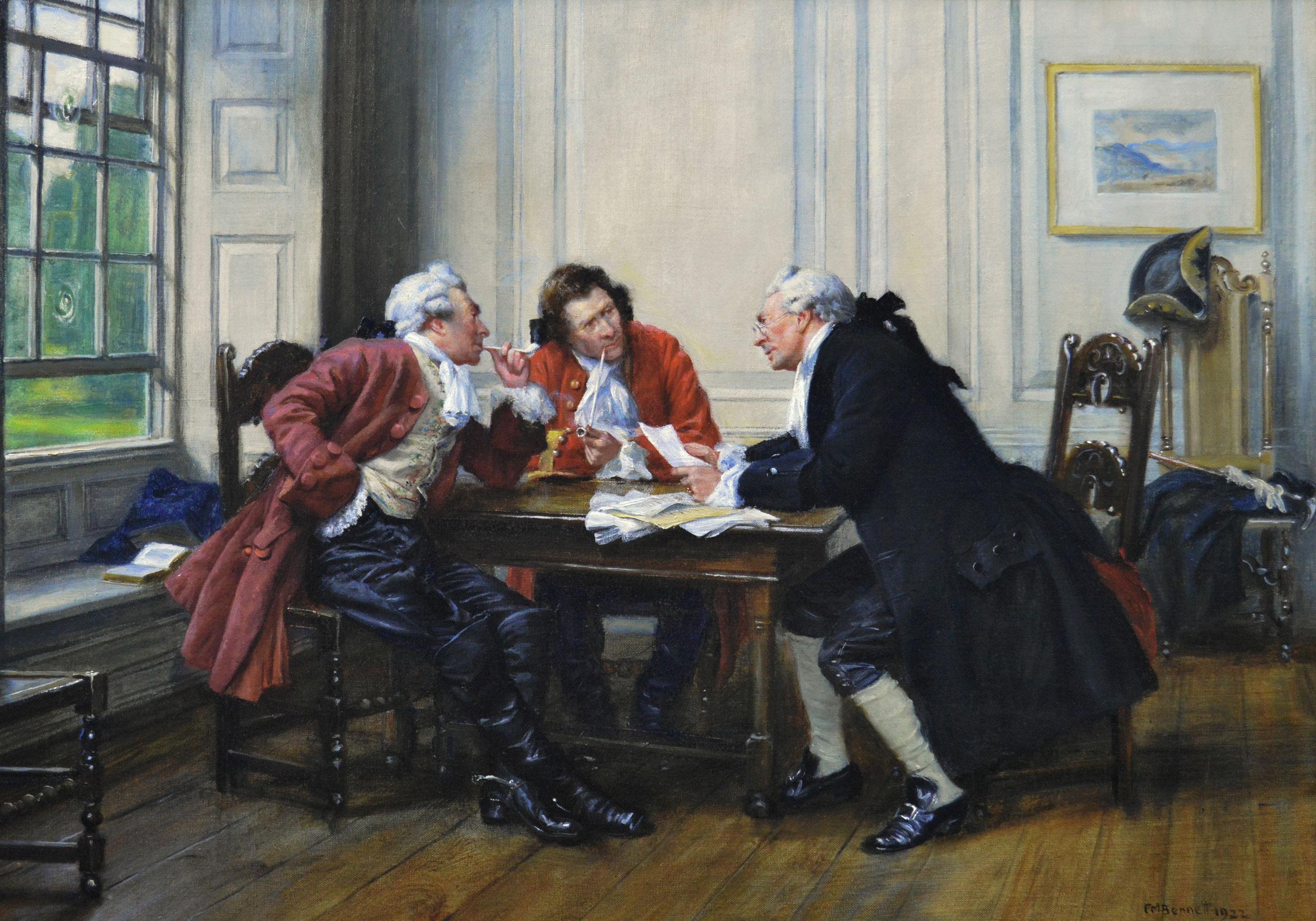 Peinture à l'huile de genre historique représentant trois hommes à une table - Painting de Frank Moss Bennett