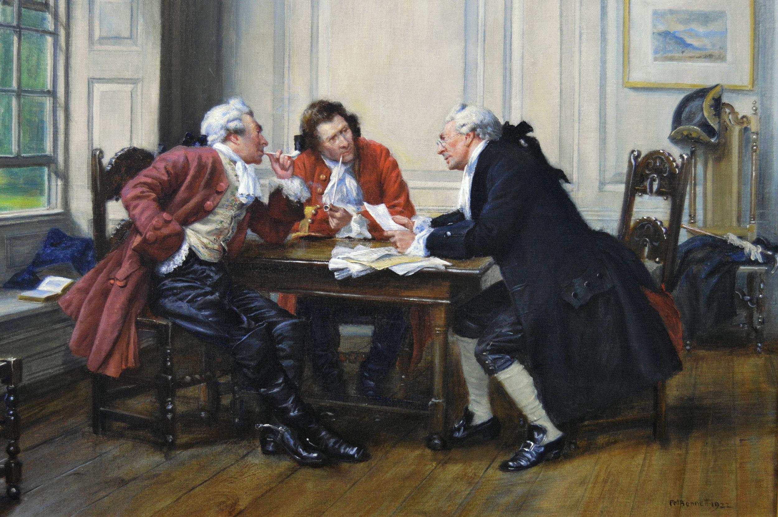 Peinture à l'huile de genre historique représentant trois hommes à une table - Victorien Painting par Frank Moss Bennett