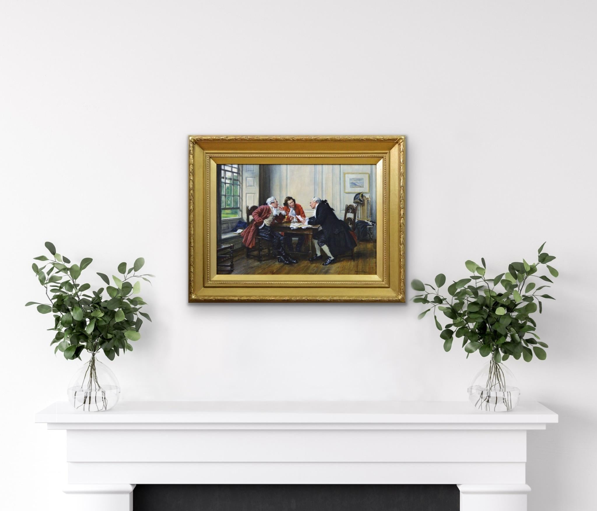 Peinture à l'huile de genre historique représentant trois hommes à une table en vente 4