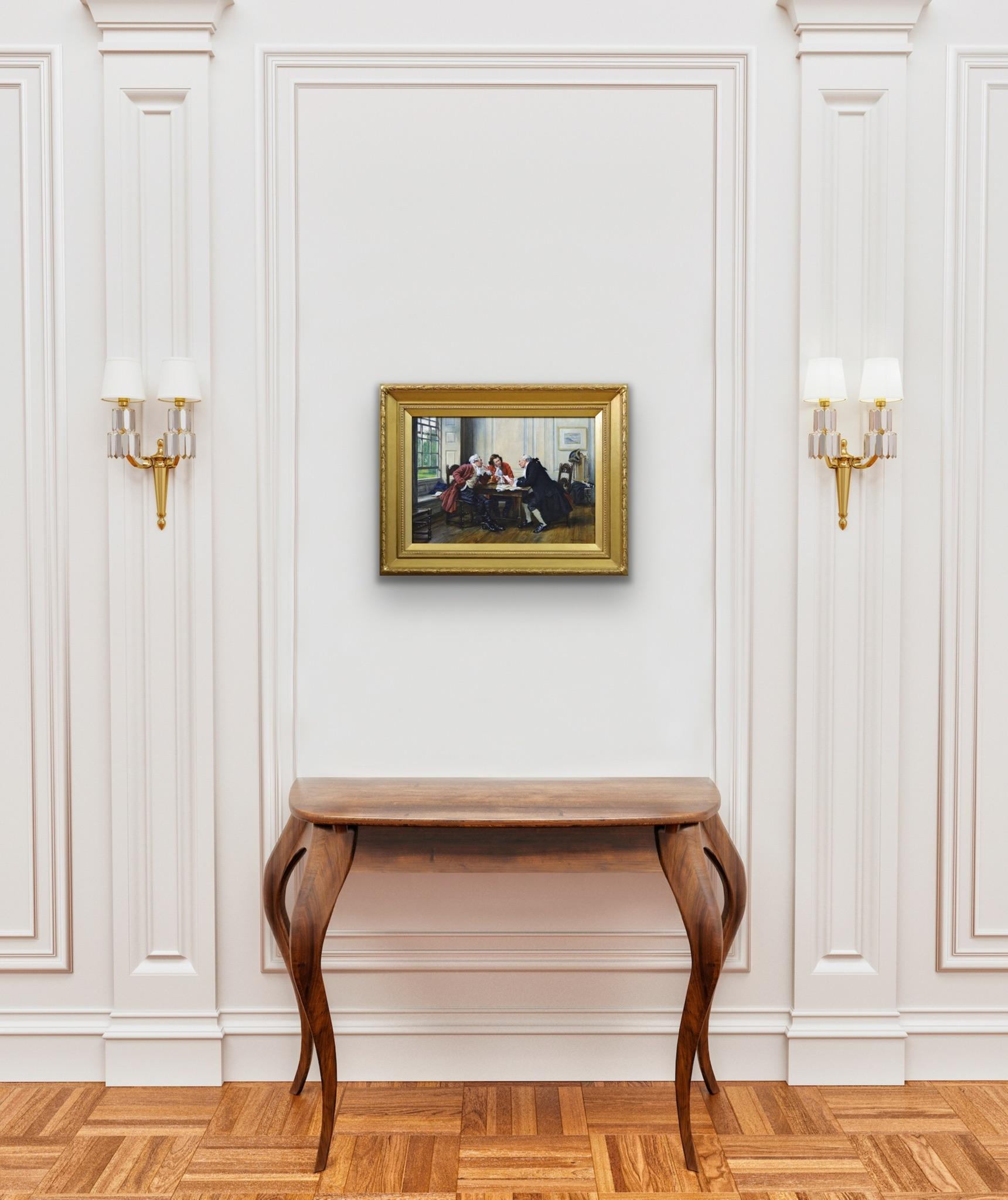 Peinture à l'huile de genre historique représentant trois hommes à une table en vente 5