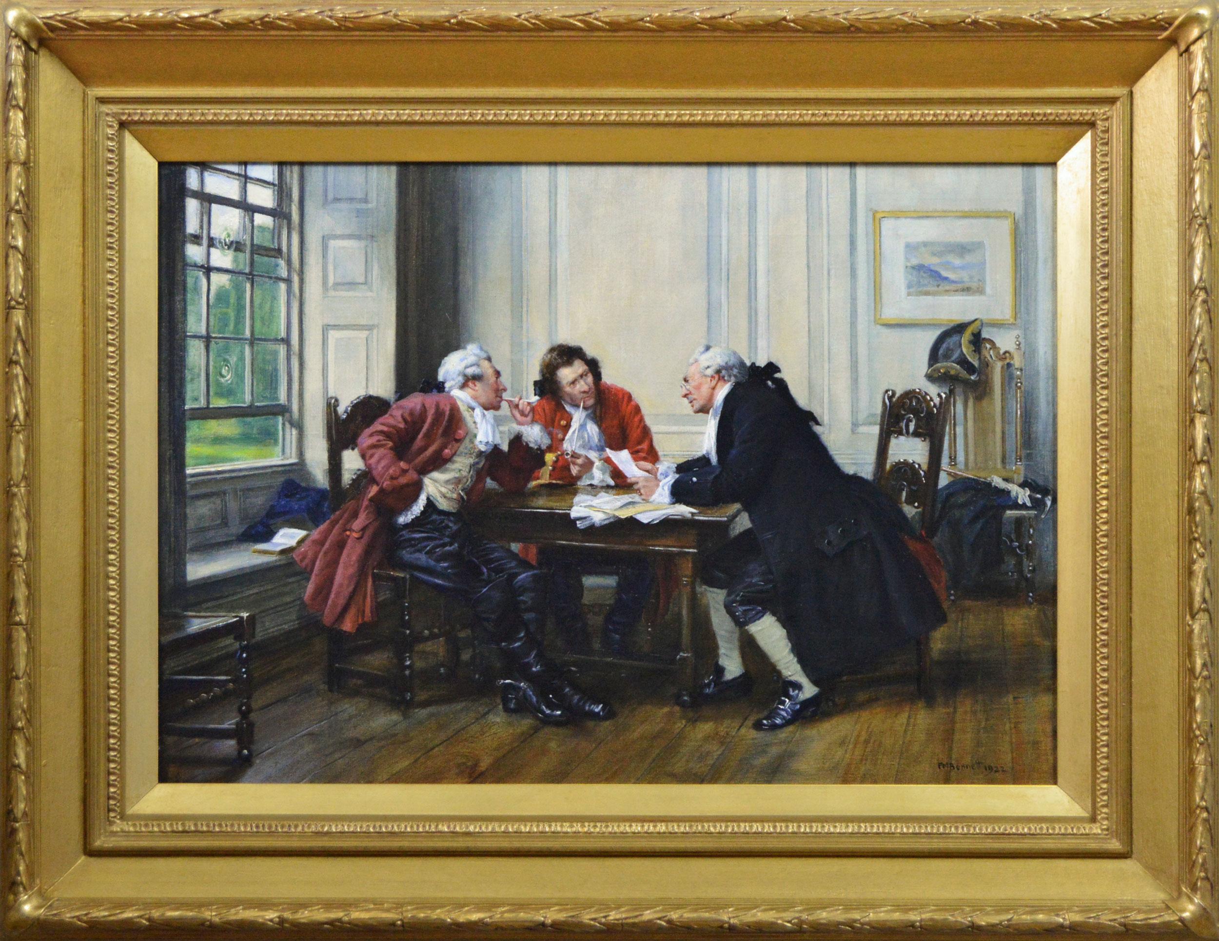 Figurative Painting Frank Moss Bennett - Peinture à l'huile de genre historique représentant trois hommes à une table