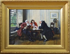 Historical genre oil painting of three gentlemen at a table