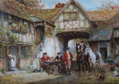 Peinture à l'huile de Frank Moss Bennett "Outside the Inn" (A l'extérieur de l'auberge)