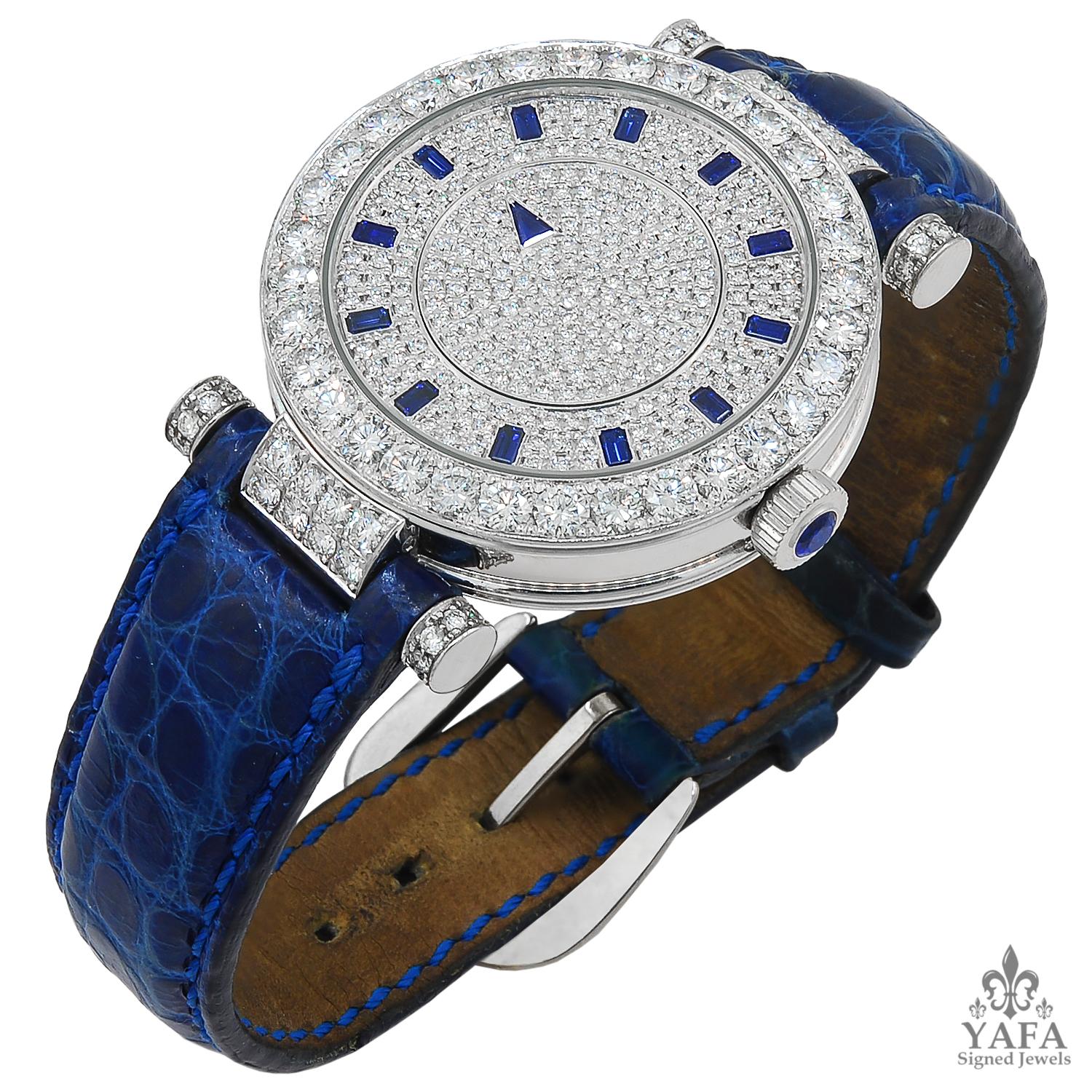 FRANK MULLER Montre bicolore diamant et saphir
Montre en platine et or 18k, sertie de  diamants mystère et saphir sur bracelet crocodile bleu.
dimensions approximatives de 8″ de longueur par 1,30″ de largeur
accompagné du certificat original
Signé