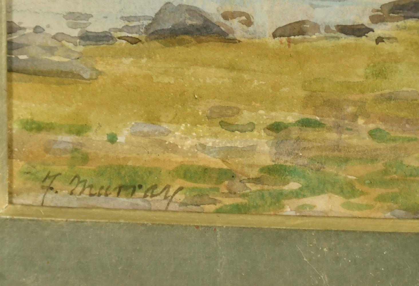 Antique Scottish Watercolour, Figure Walking towards Crofters Cottage  - Painting by Frank Murray