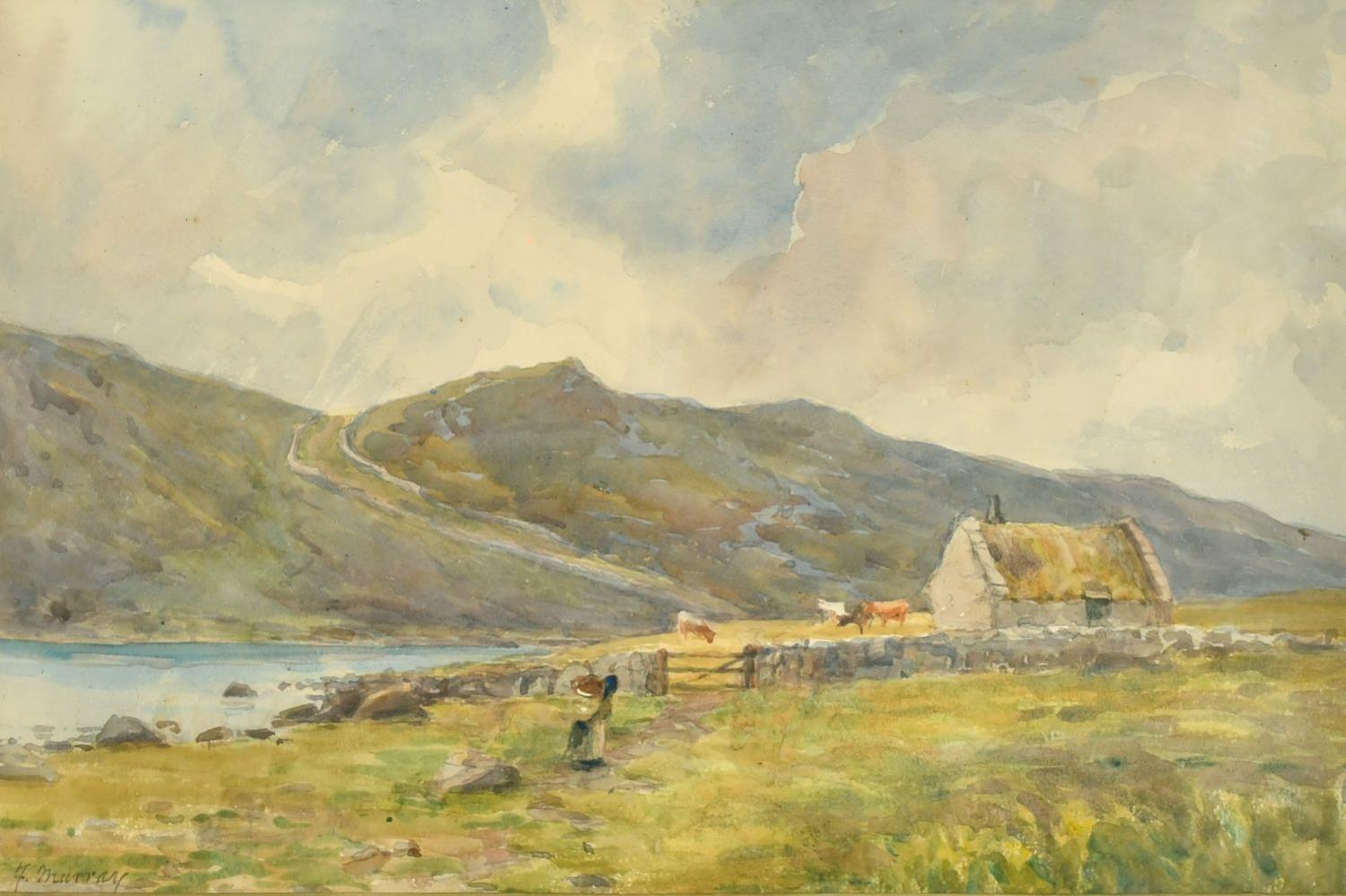 Frank Murray Landscape Painting - Antique Scottish Watercolour, Figure Walking towards Crofters Cottage 