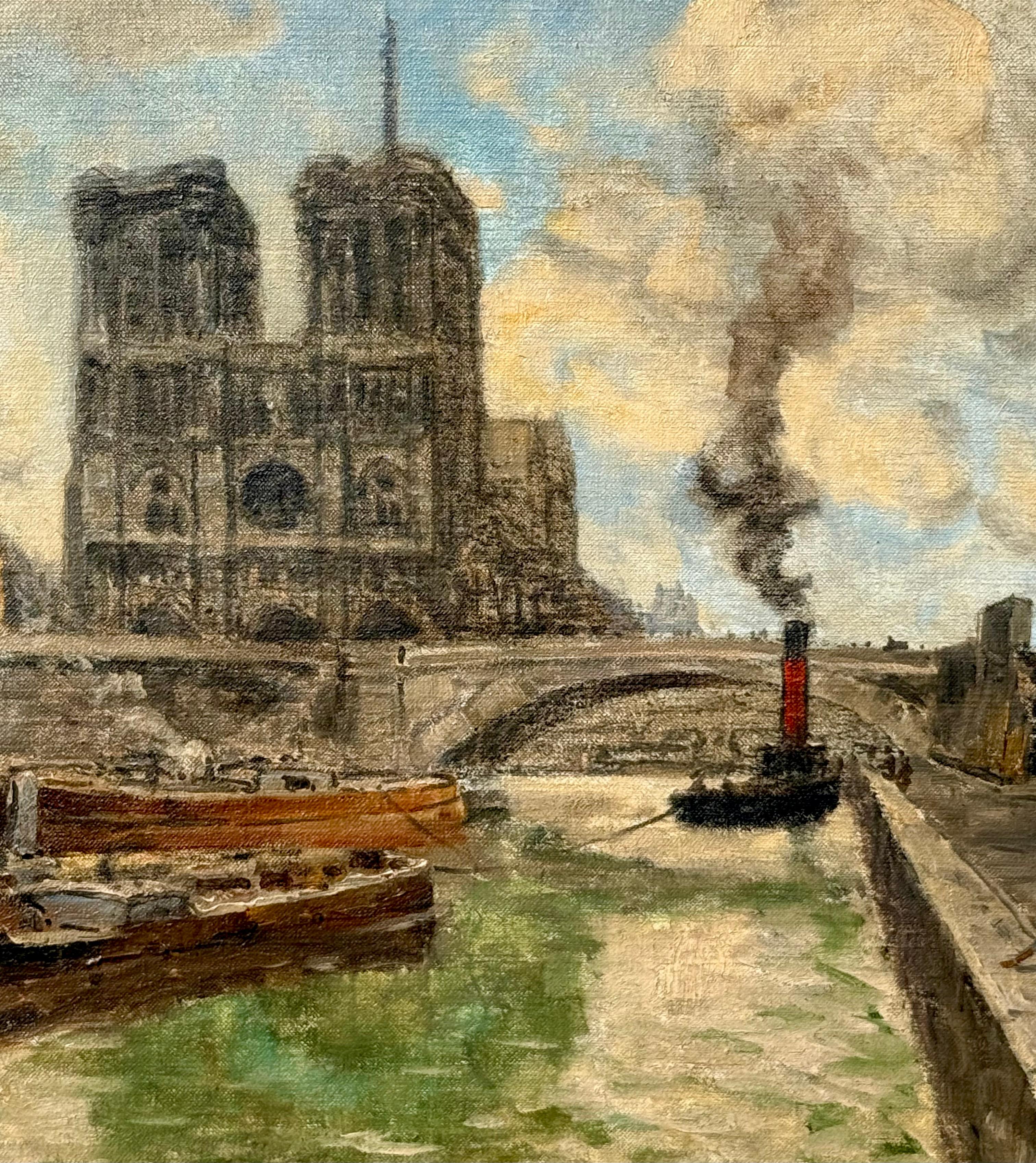 Una vista della Senna, Notre Dame, Parigi - Landscape Painting Marrone di Frank Myers Boggs
