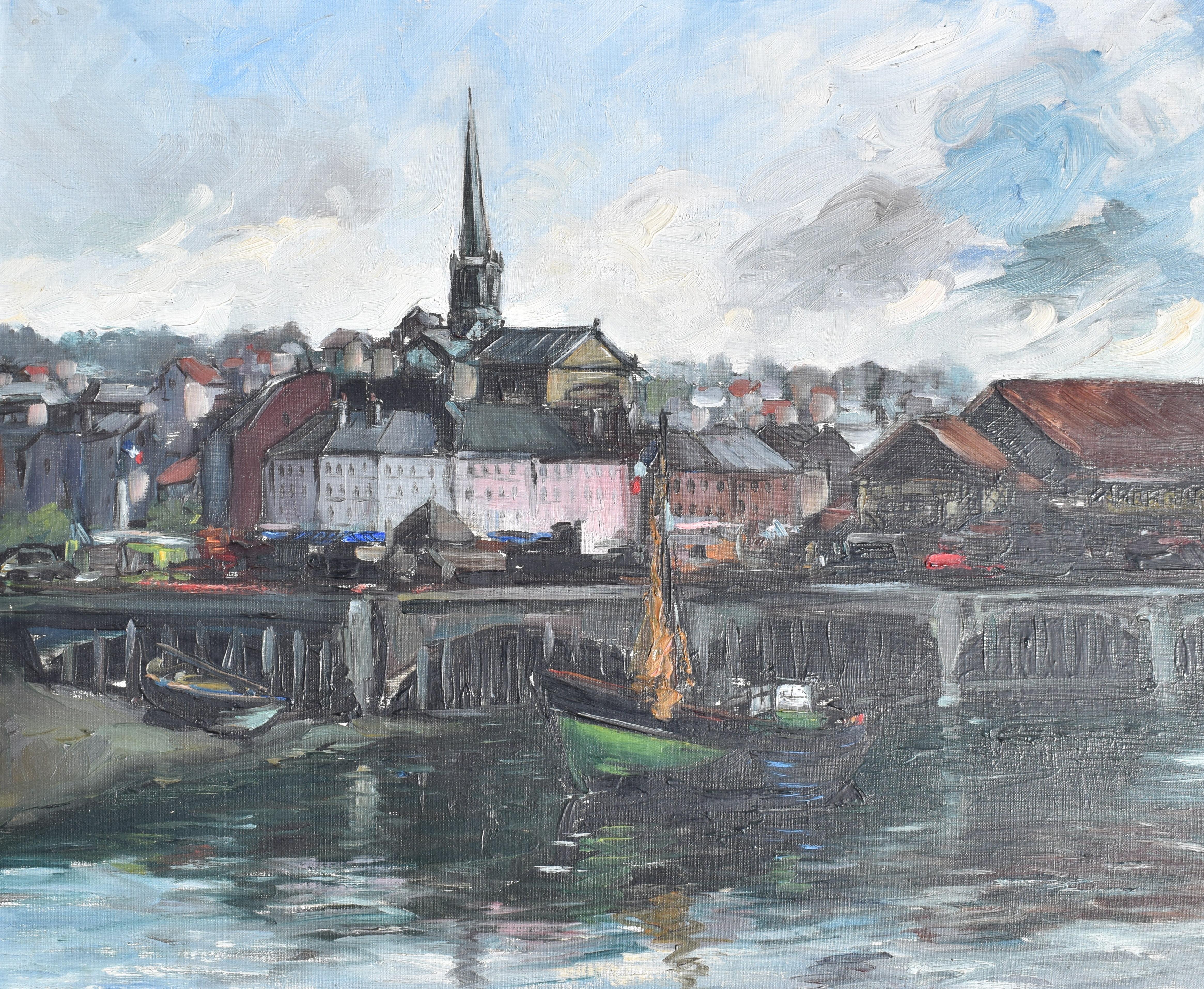 French School Honfleur Follower of Frank Myers BOGGS  (1855-1926)

A pleasing harbour scene depicting Honfleur in Northern France. Painted in an impressionistic style with great spontaneity using the dark brooding colour palette reminiscent of the