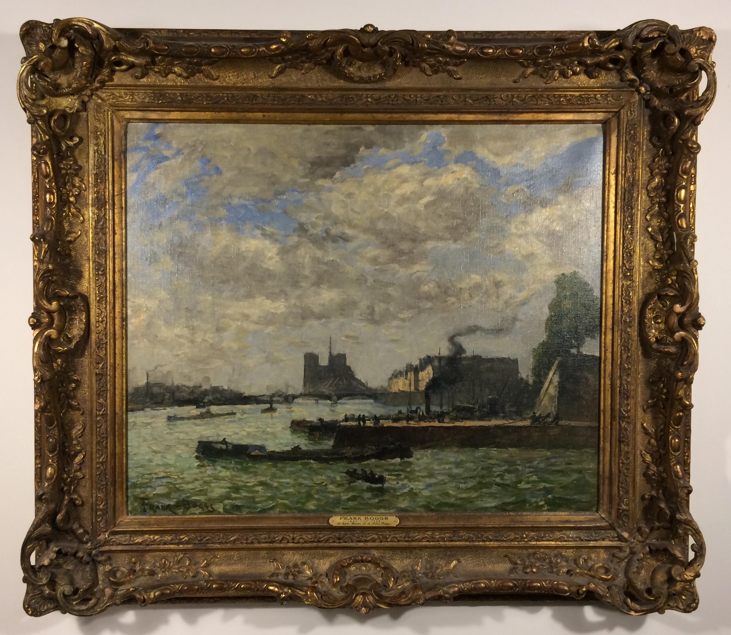 „Notre Dame und Le Quai Henri IV.:: Paris“:: großes amerikanisches impressionistisches Gemälde – Painting von Frank Myers Boggs
