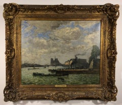 "Notre Dame and Le Quai Henri IV, Paris, " Large American Impressionist Painting