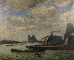 "Notre Dame and Le Quai Henri IV, Paris, " Large American Impressionist Painting