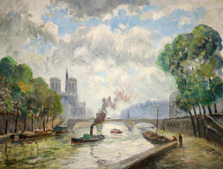 Notre Dame & Seine, Paris - Impressionist Oil, Riverscape by Frank Myers Boggs For Sale 1