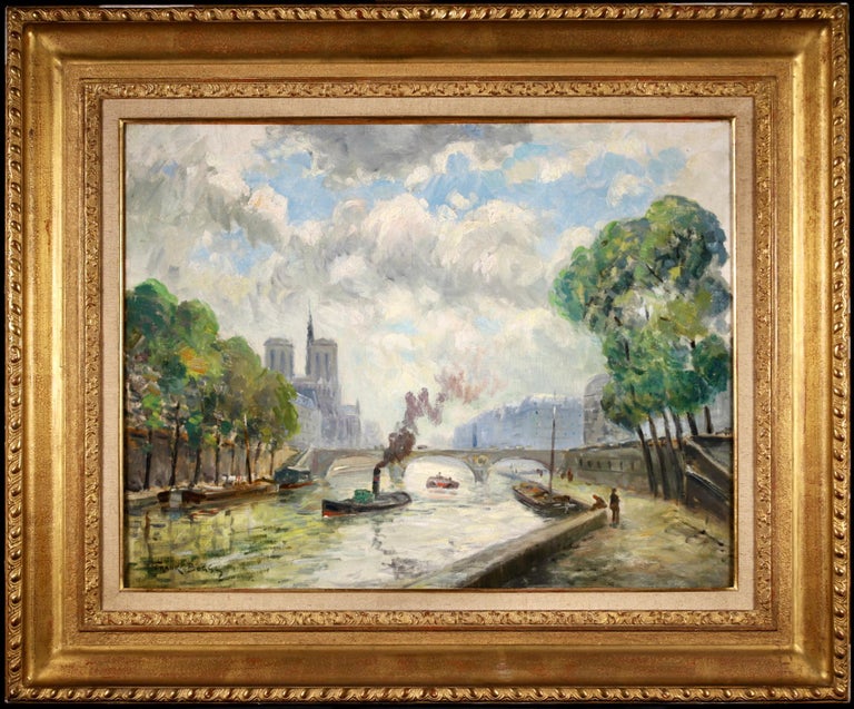 A wonderful oil on canvas by American impressionist painter Frank Myers Boggs. The work depicts a view of Notre Dame from the River Seine. Steam boats move down the tree-lined river. White clouds roll across the blue sky on a bright summer's day.