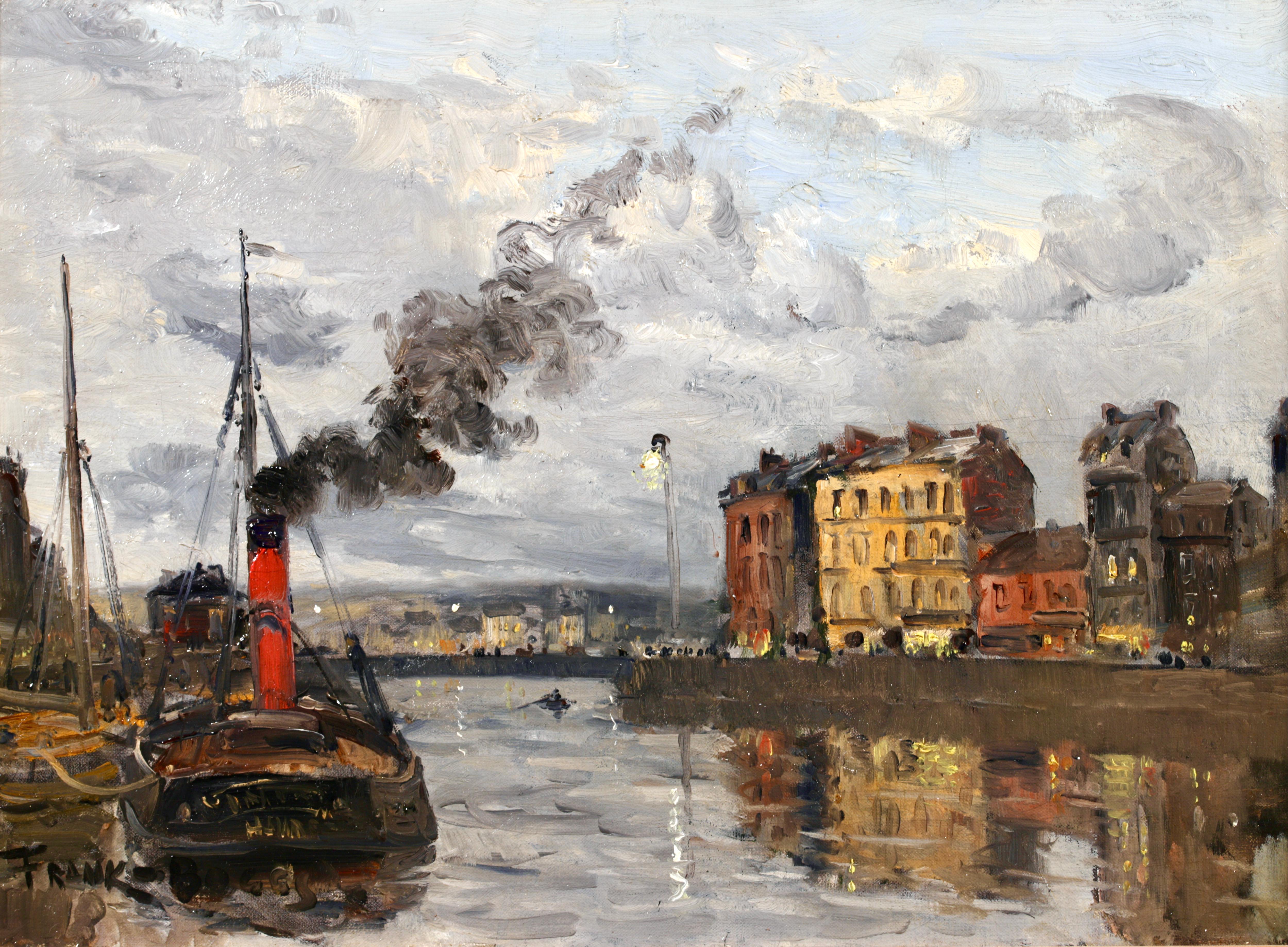 Signed canal landscape oil on canvas circa 1900 by American impressionist painter Frank Myers Boggs. The work depicts a a view of the Port de Le Havre, in the French city of Le Havre. There is a steam boat moored to the left of the painting and the