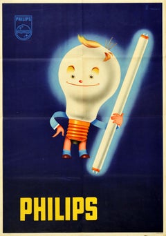Original Vintage Advertising Poster Philips Lighting Smiling Light Bulb Design
