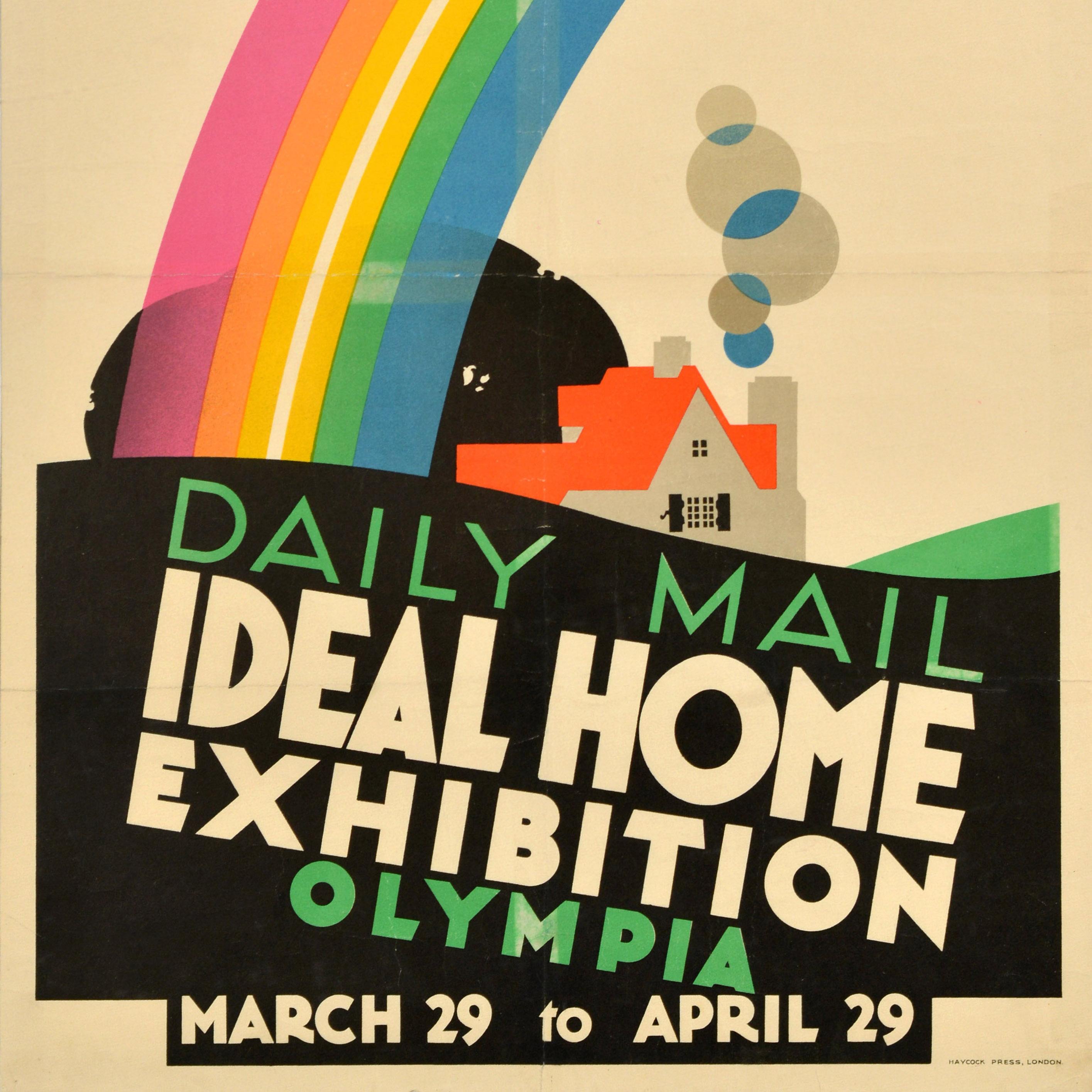 Original Vintage-Werbeplakat für die Daily Mail Ideal Home Exhibition Olympia, die vom 19. März bis zum 29. April stattfand - We Are Exhibiting - mit einer farbenfrohen Illustration des bekannten britischen Plakatkünstlers Frank Newbould