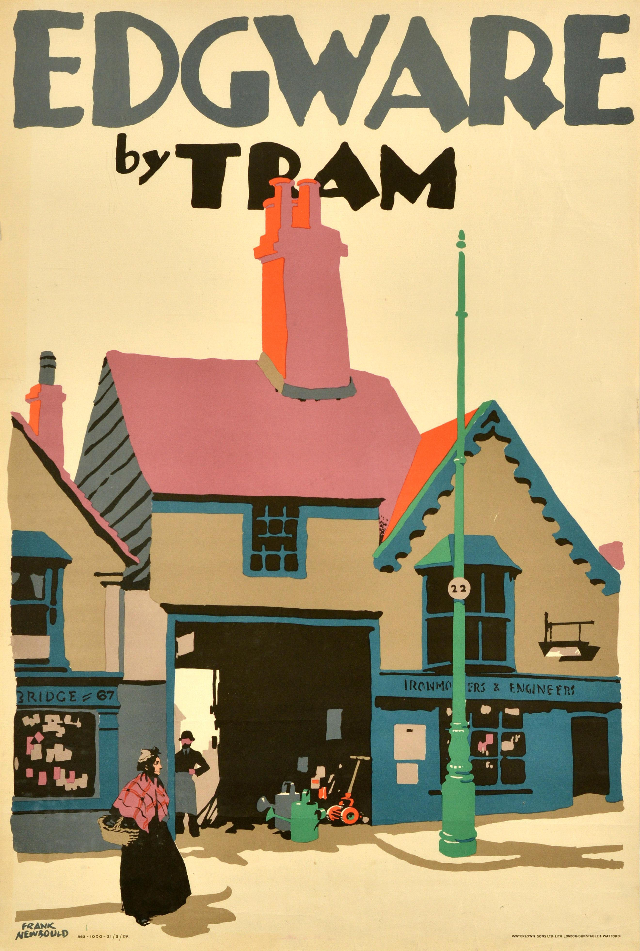 Original vintage travel poster - Edgware by Tram - featuring a colourful image by the notable British poster artist Frank Newbould (1887-1951) depicting a lady wearing a shawl and carrying a basket in front of shop buildings, one number 67 and