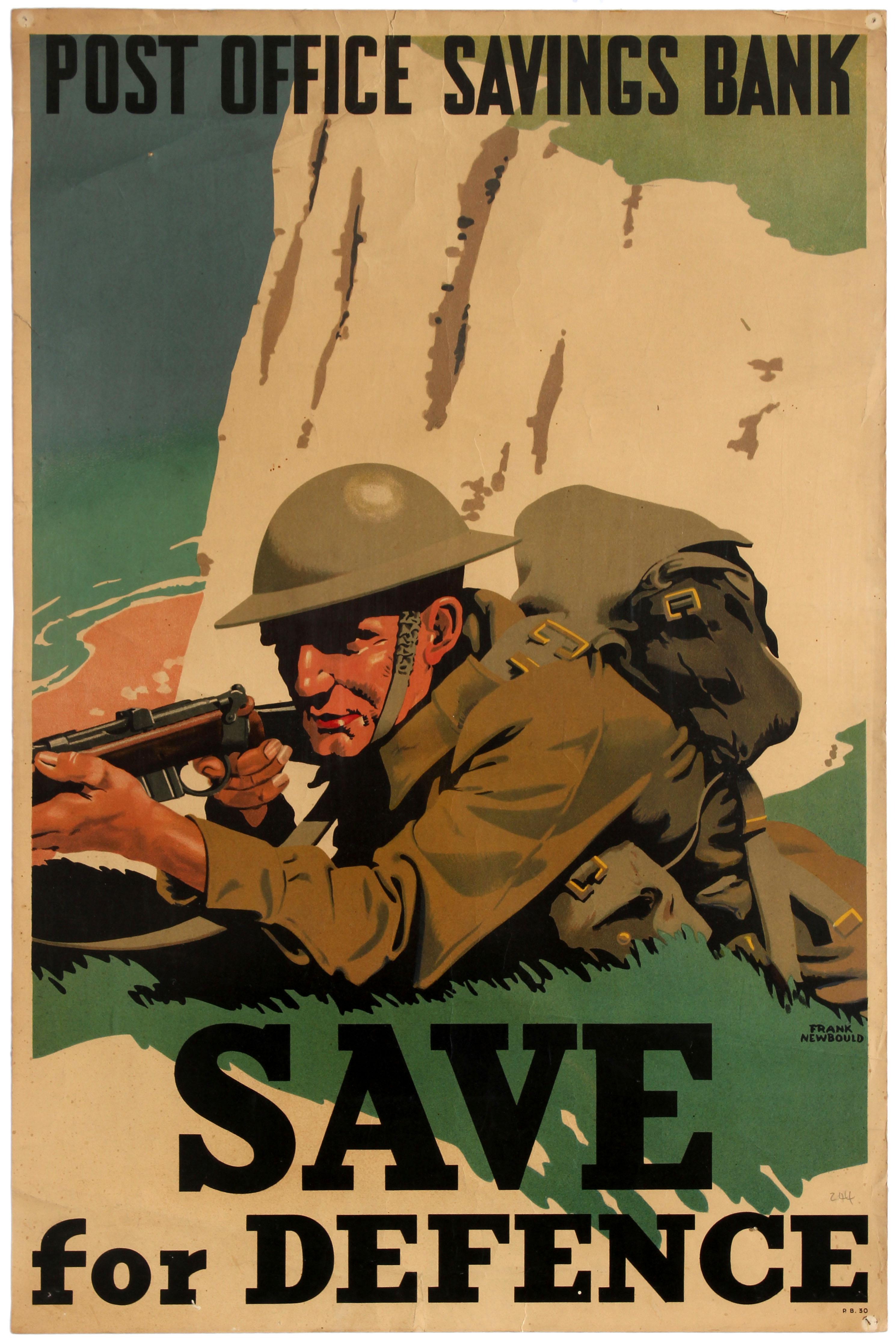 Frank Newbould Print - Original WWII Home Front Poster Post Office Bank Save For Defence White Cliffs