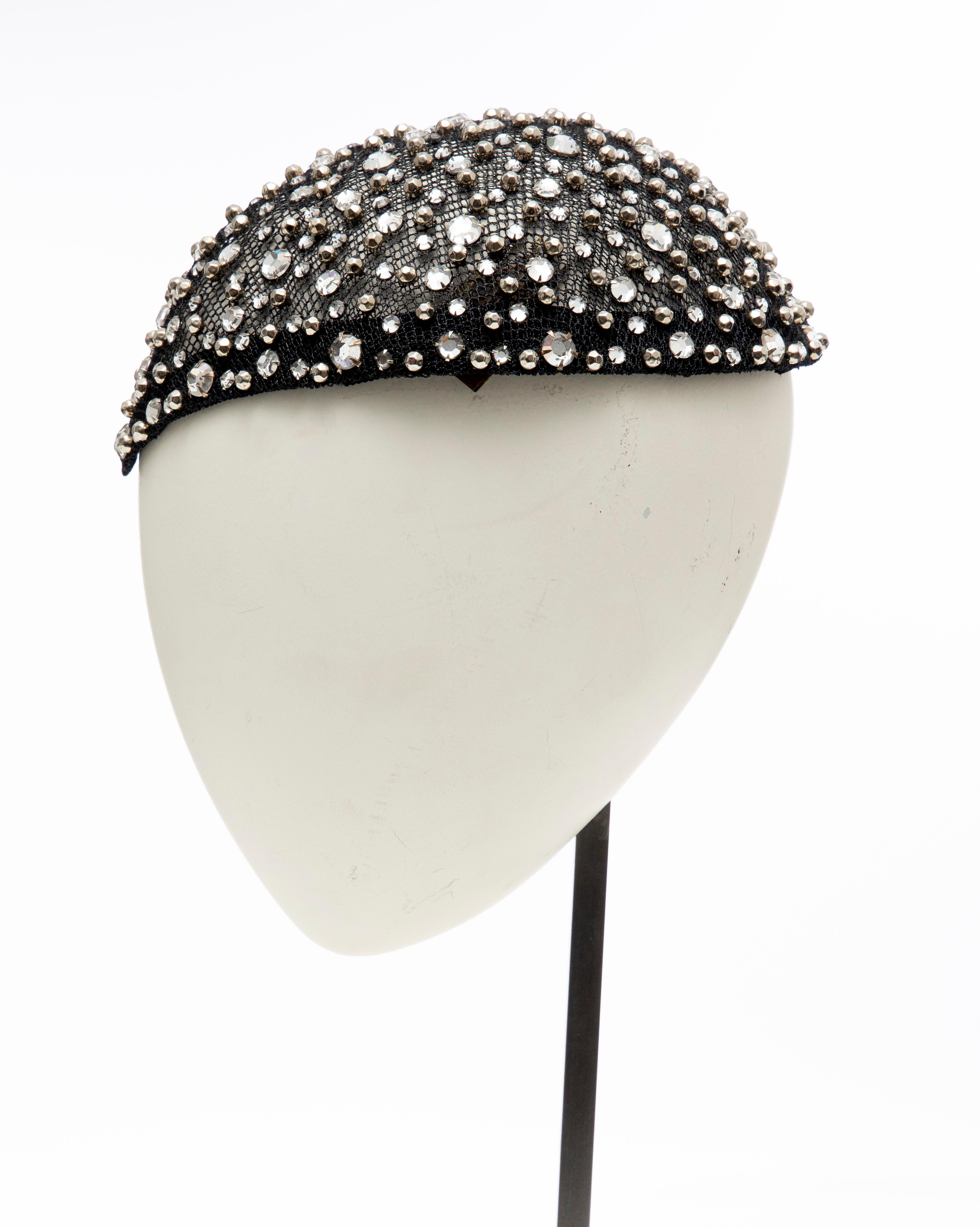 Frank Olive Black Mesh Skull Cap Prong Set Swarovski Crystals, Circa: 1950's 3