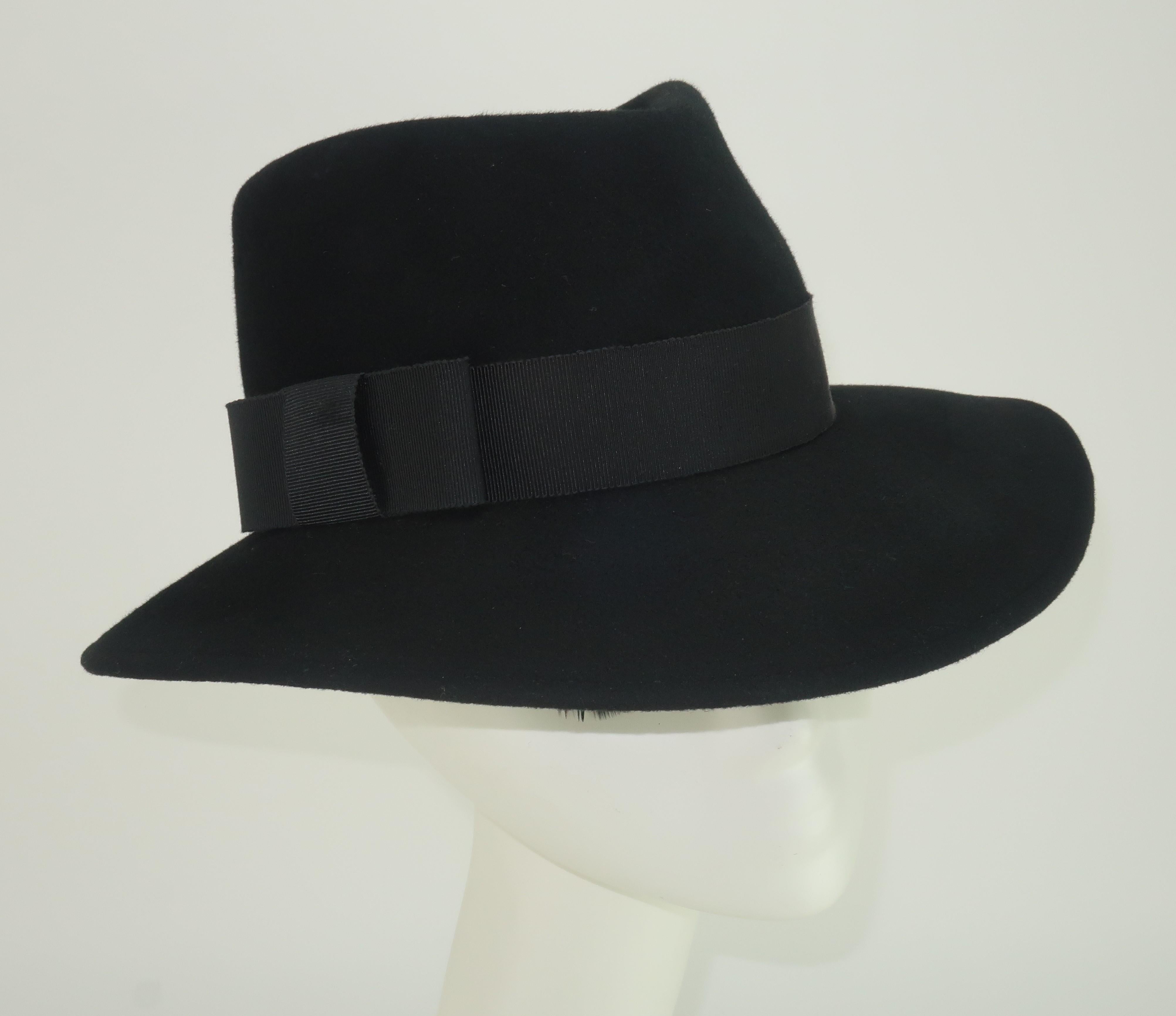 Women's Frank Olive Black Wool Fedora Hat, 1970's For Sale