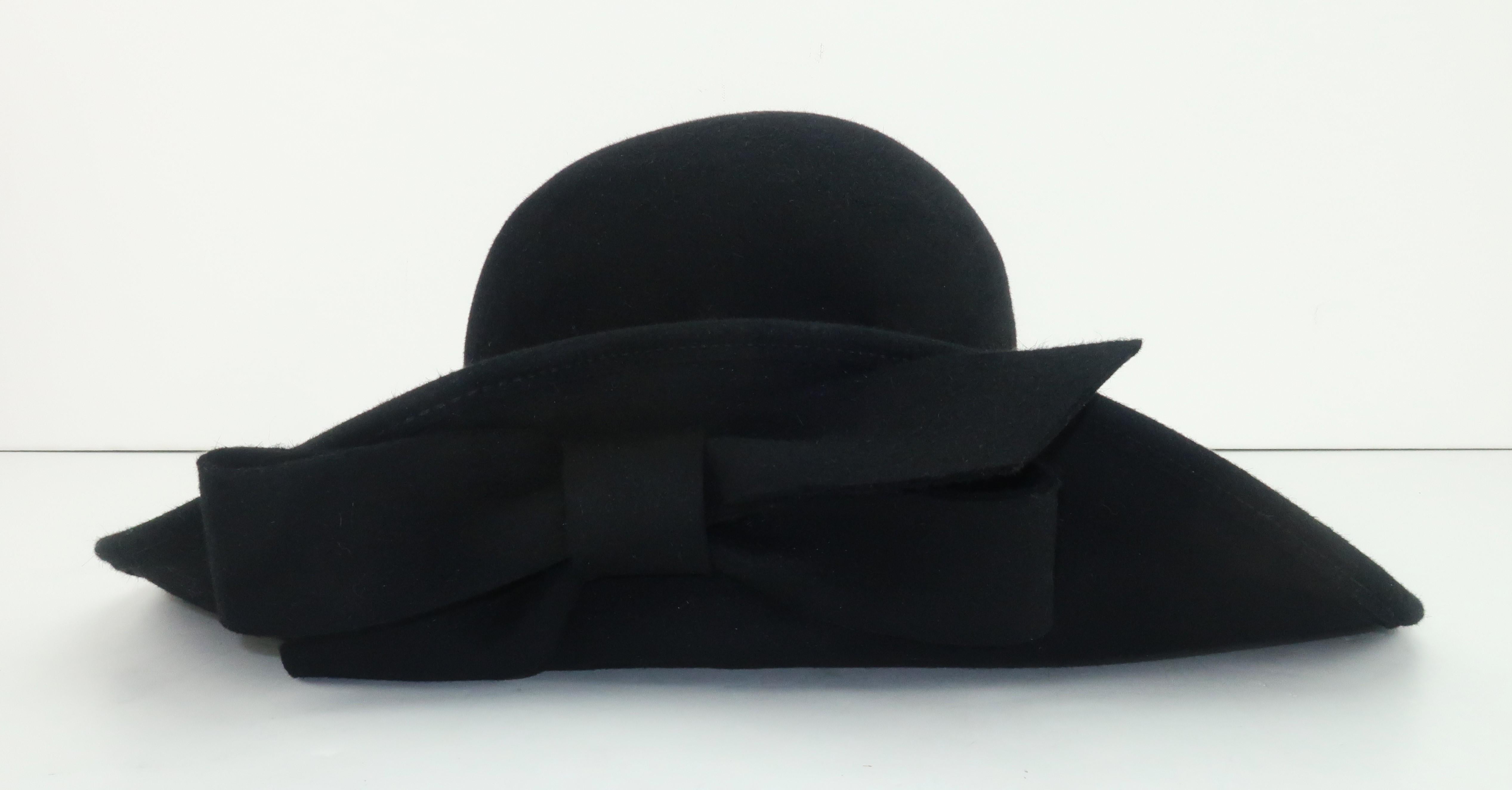 Frank Olive Black Wool Wide Brim Hat With Bow, 1980's 3