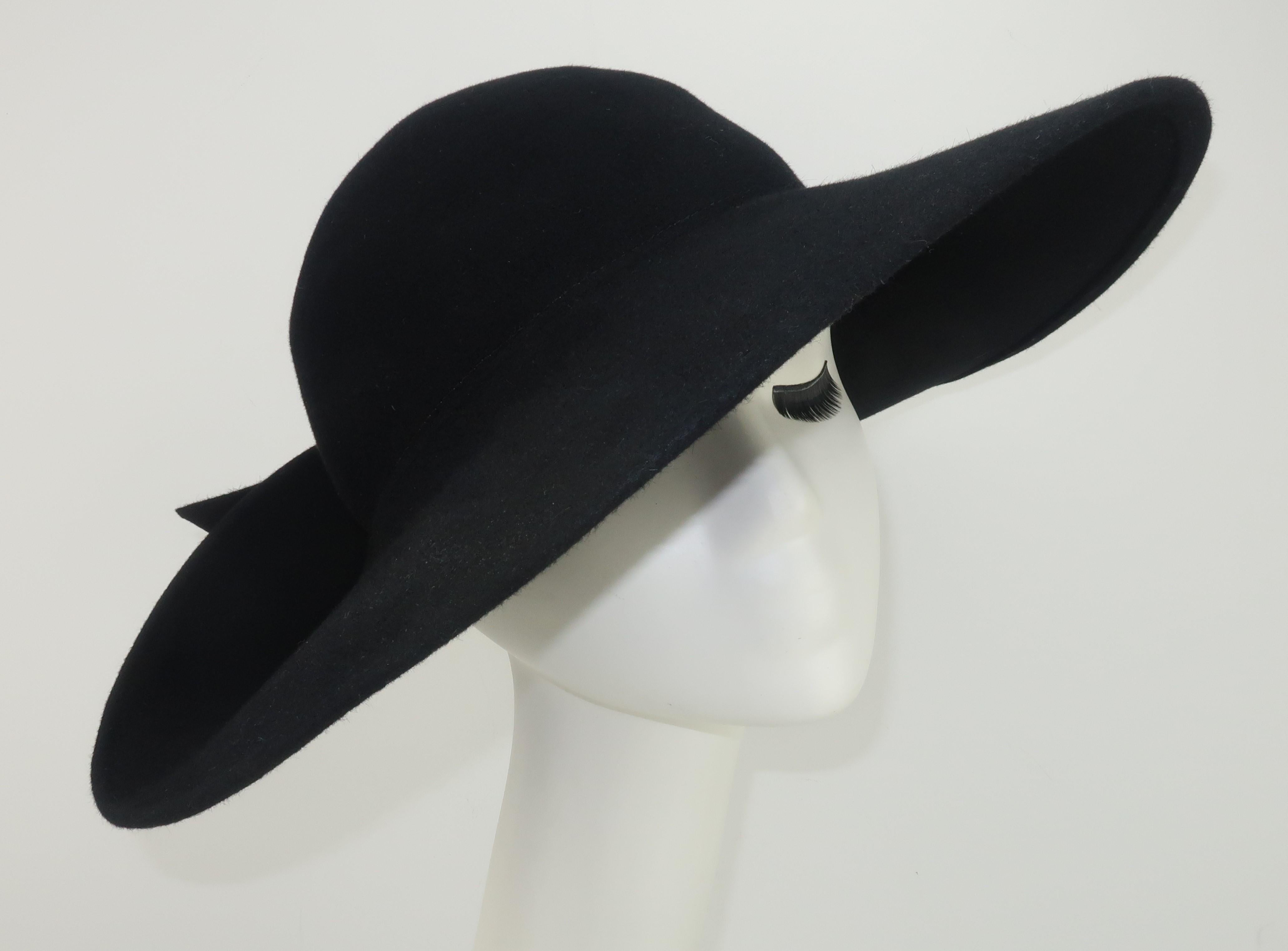 Women's Frank Olive Black Wool Wide Brim Hat With Bow, 1980's