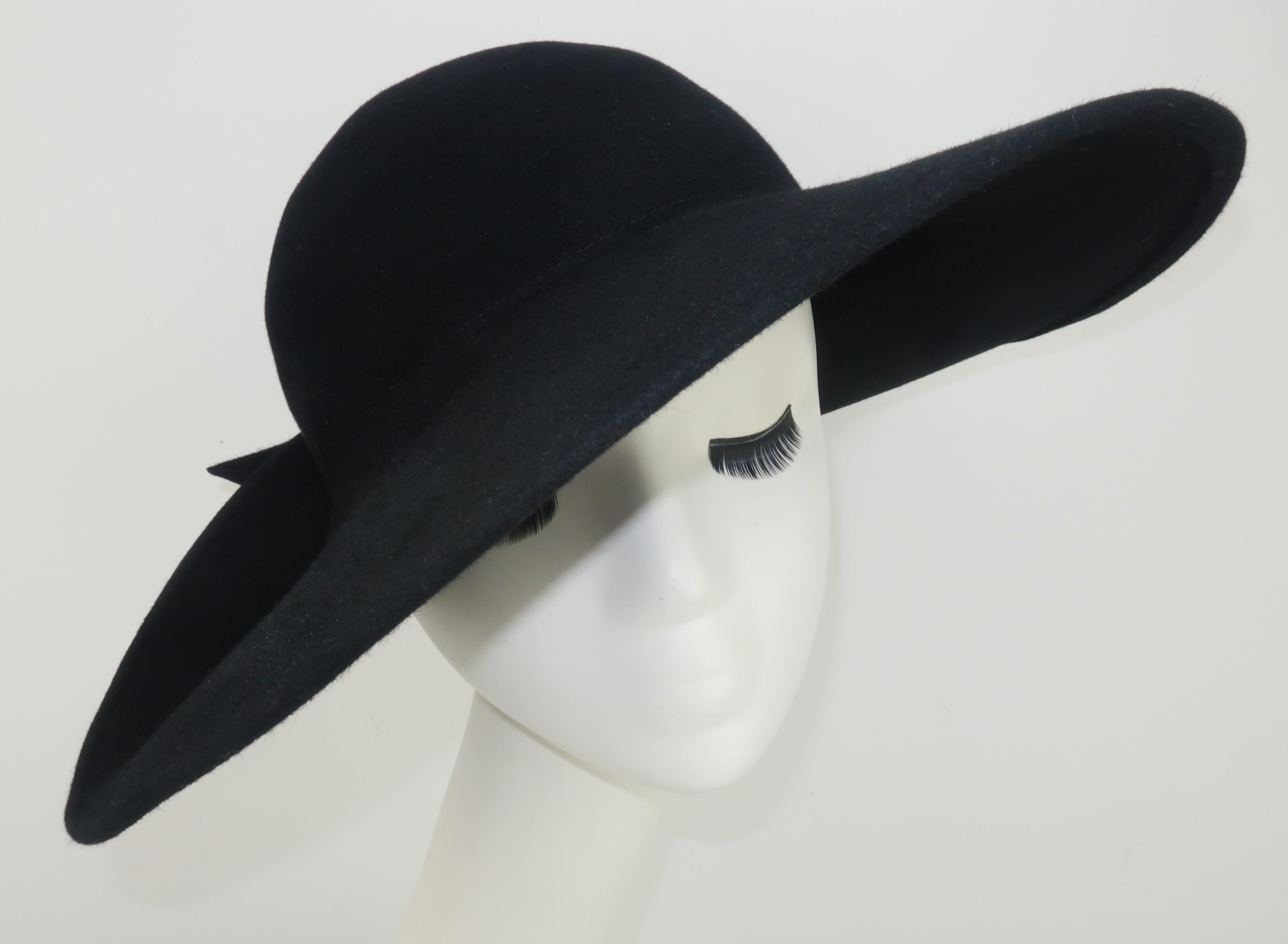 Frank Olive Black Wool Wide Brim Hat With Bow, 1980's 1