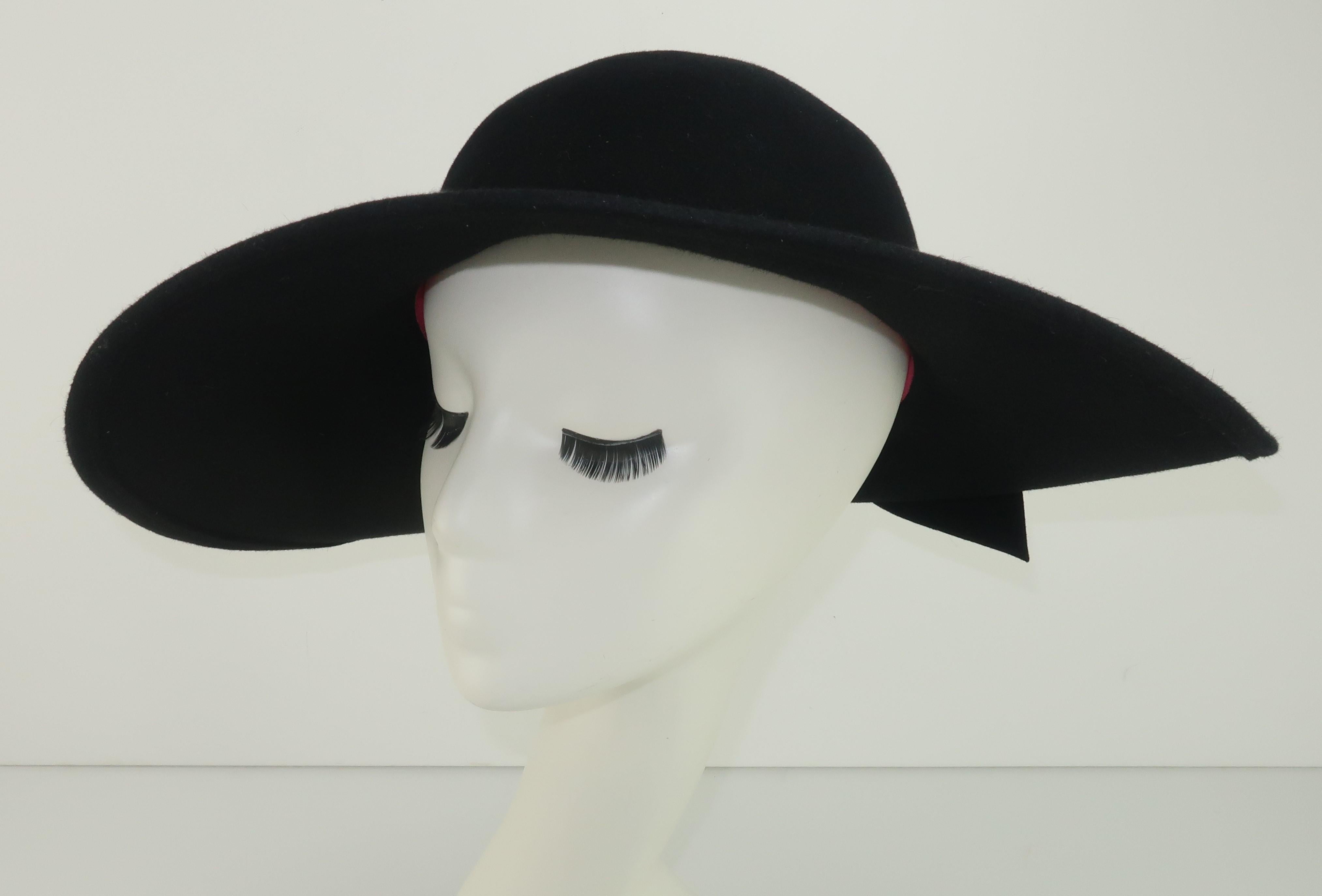 Frank Olive Black Wool Wide Brim Hat With Bow, 1980's 2