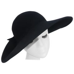 Retro Frank Olive Black Wool Wide Brim Hat With Bow, 1980's