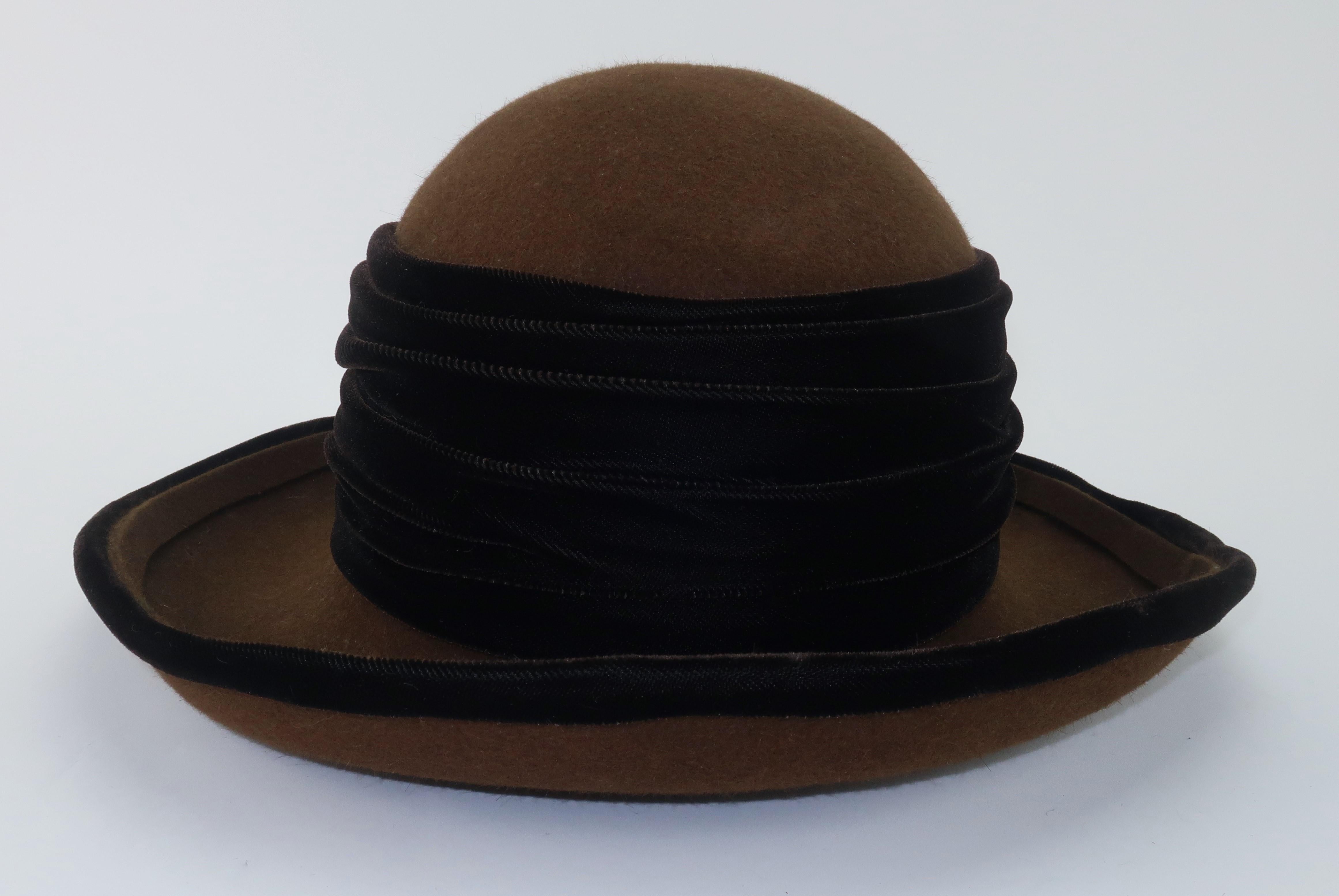 Frank Olive Brown Wool & Velvet Kettle Brim Hat In Good Condition In Atlanta, GA