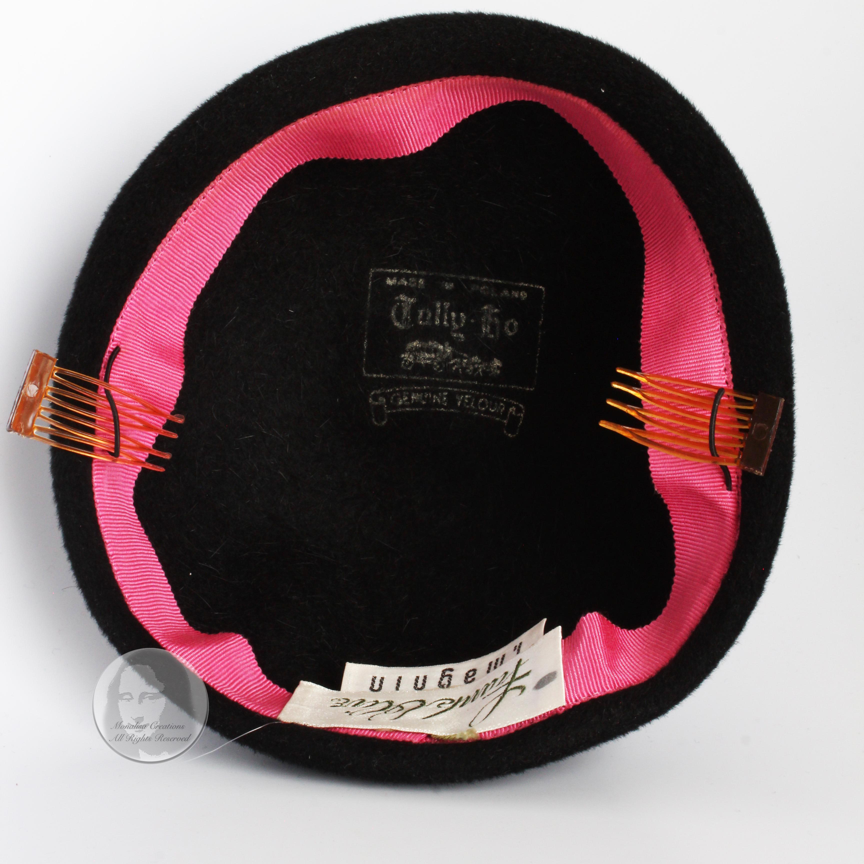 Frank Olive for I. Magnin Hat Calot Juliette Black Velour Vintage Cocktail Hat For Sale 5