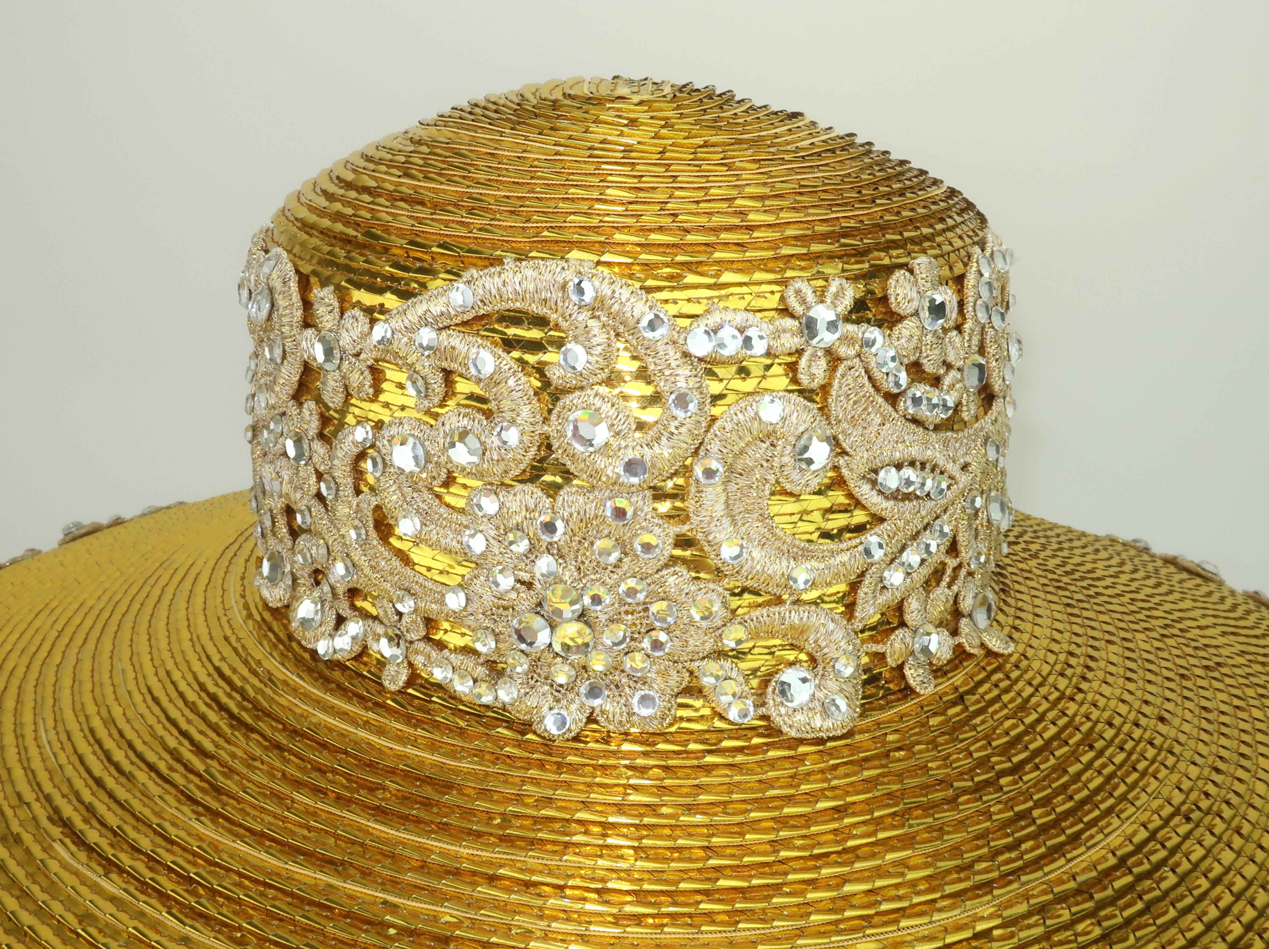 Marrone Cappello a tesa larga in paglia, pizzo e strass di FRANK OLIVE, anni '80 in vendita