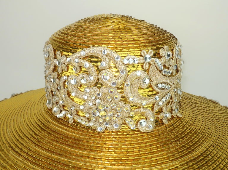 FRANK OLIVE Gold Straw, Lace and Rhinestone Wide Brimmed Hat  display picture 1
