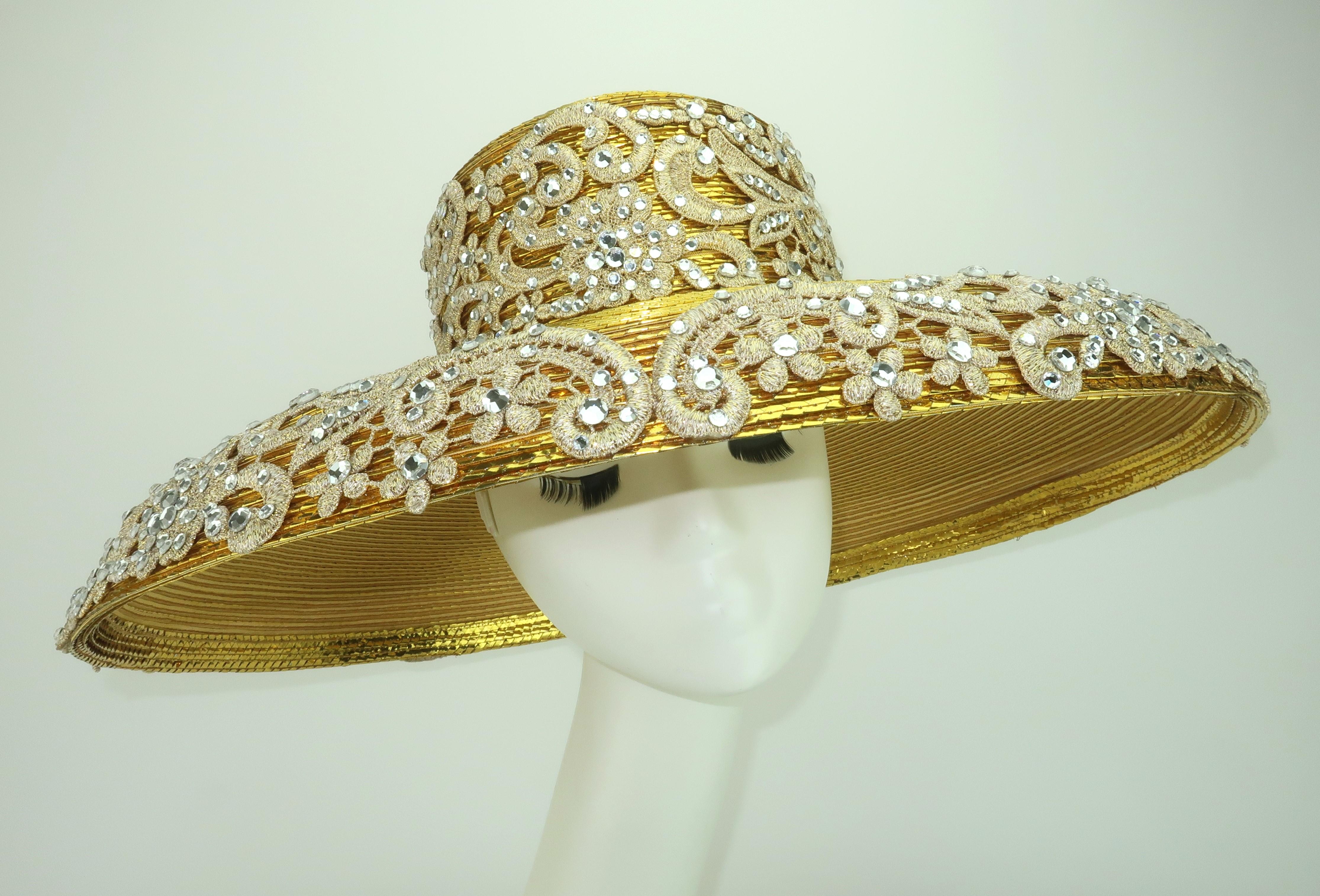 Cappello a tesa larga in paglia, pizzo e strass di FRANK OLIVE, anni '80 in vendita 1