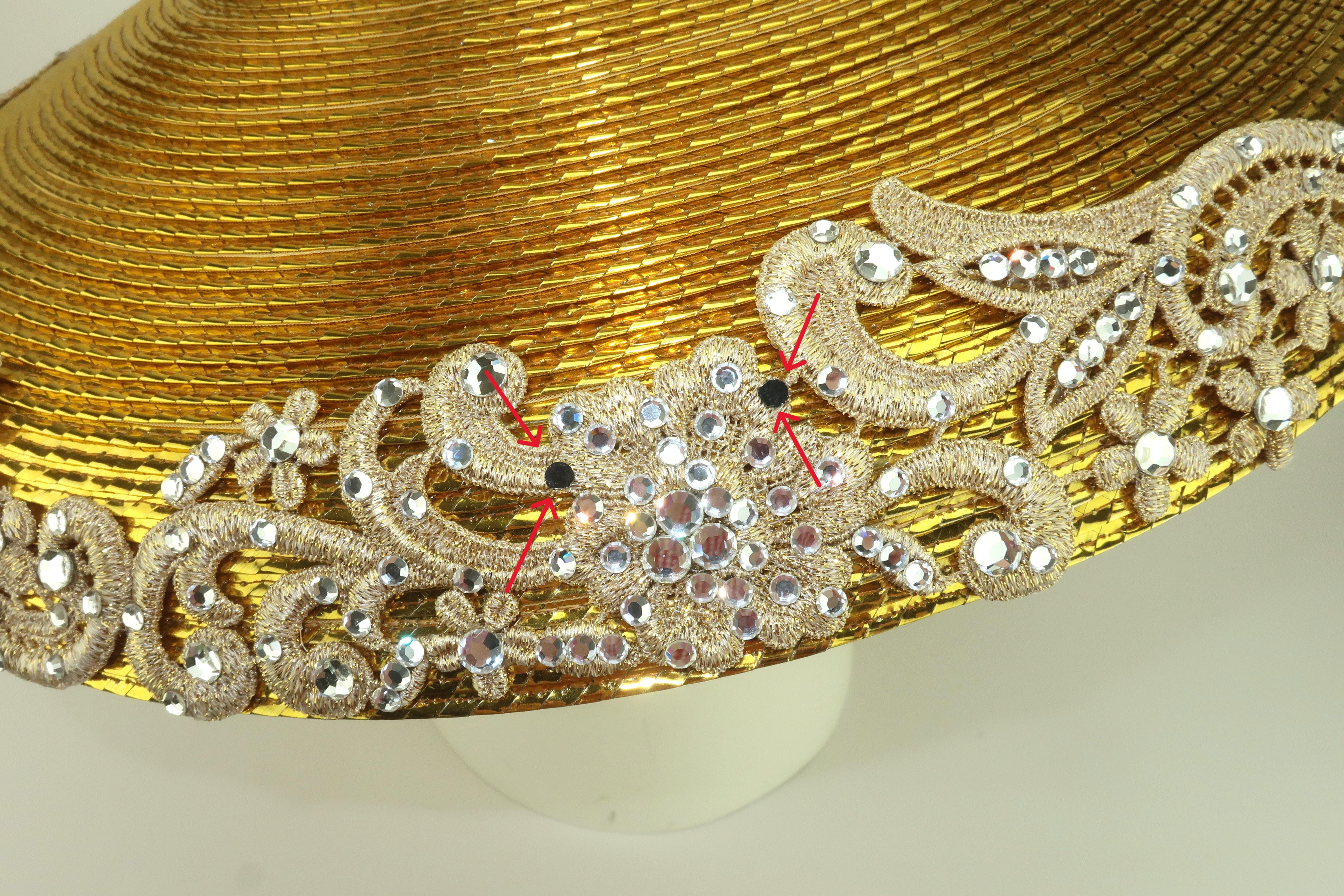 Cappello a tesa larga in paglia, pizzo e strass di FRANK OLIVE, anni '80 in vendita 2