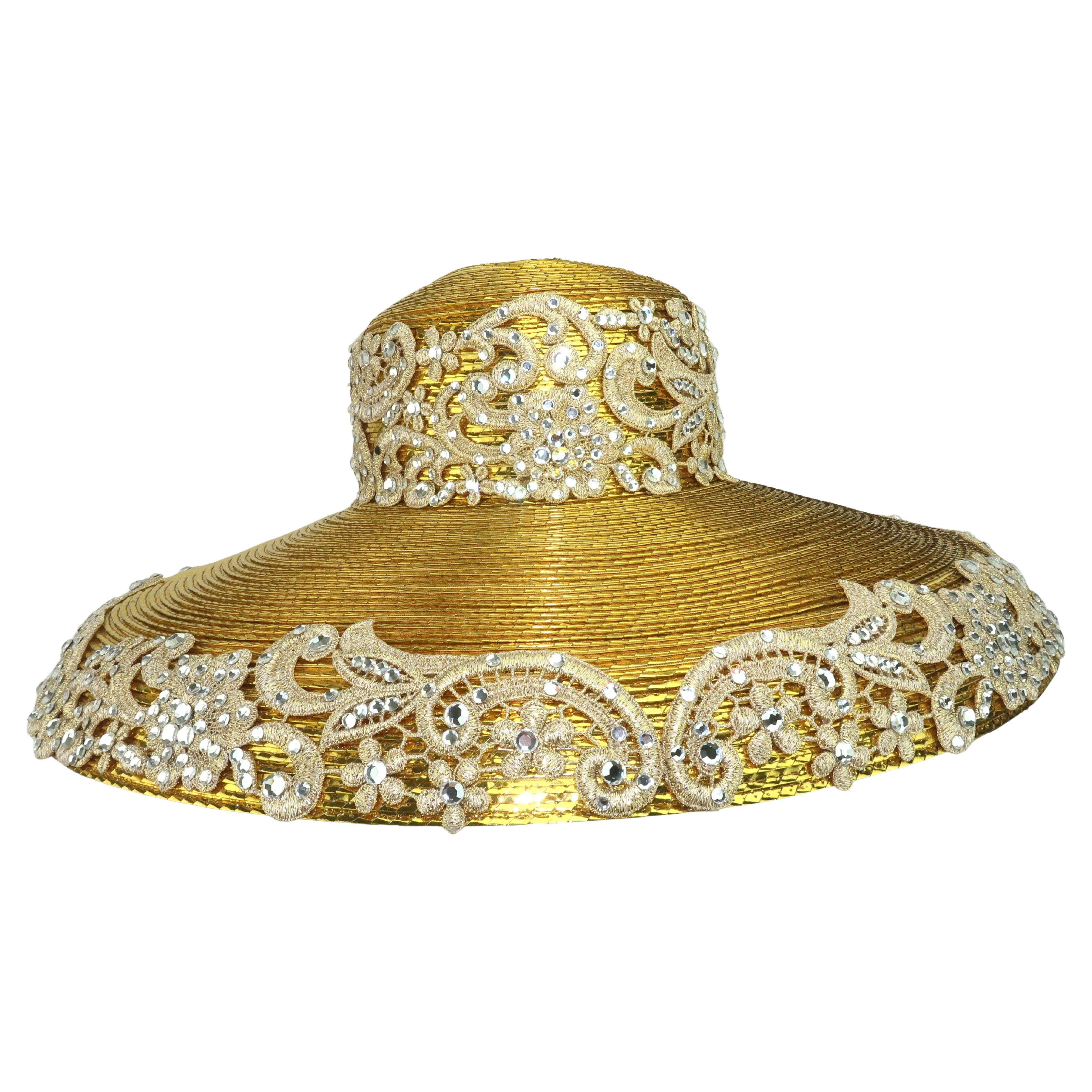 FRANK OLIVE Gold Straw, Lace & Rhinestone Wide Brimmed Hat, 1980's