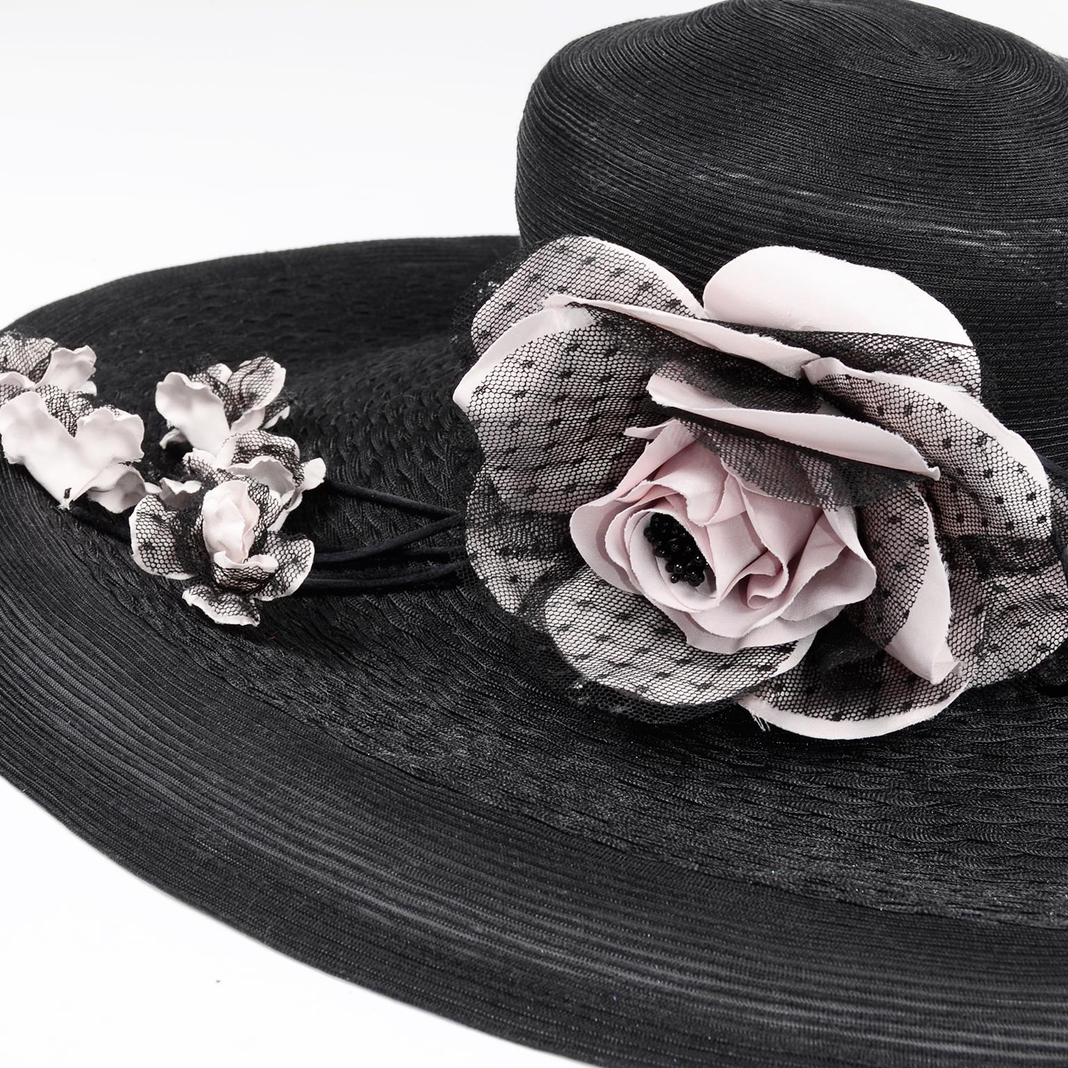 Frank Olive Neiman Marcus Vintage Black Straw Hat w/ Pink Roses & Lace 3