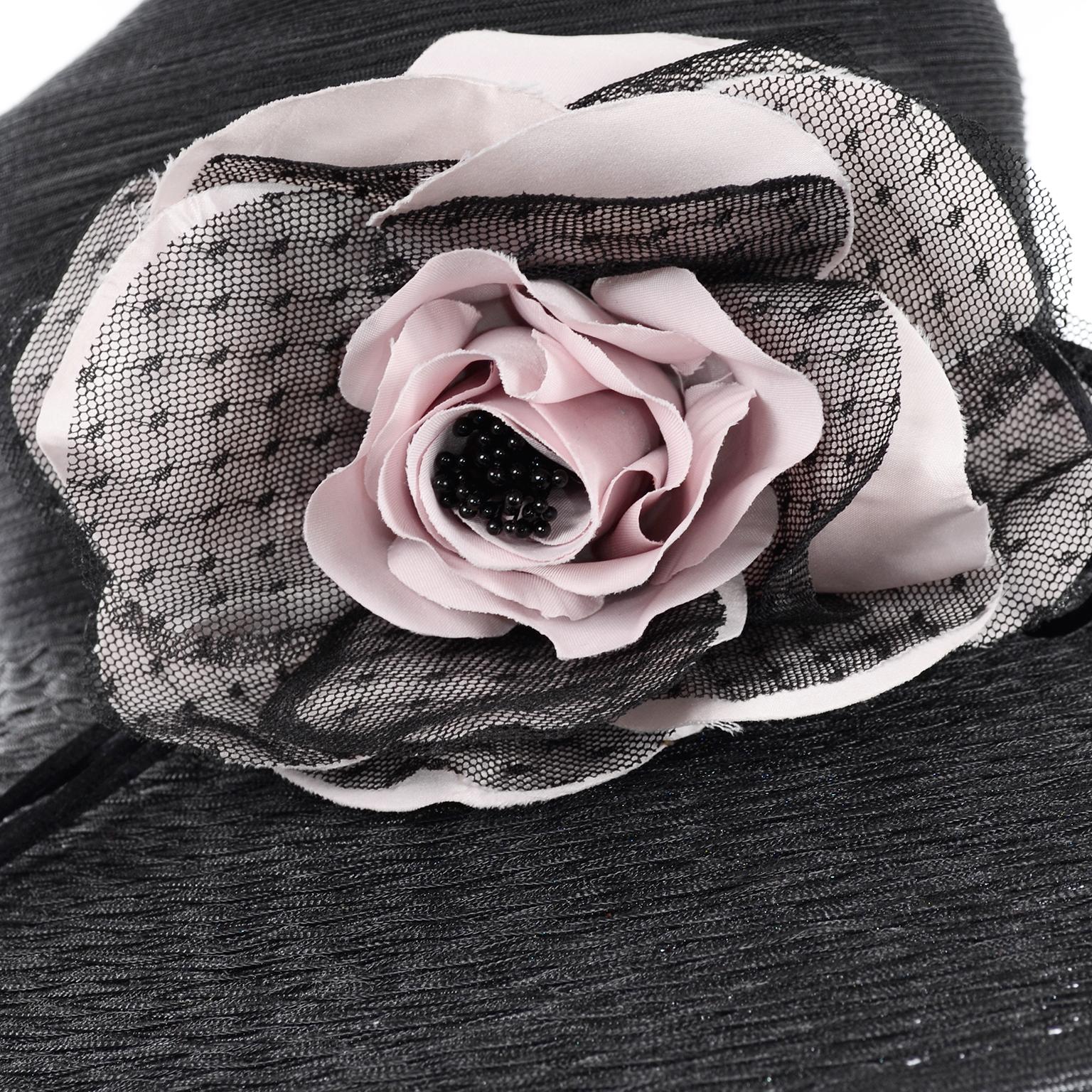 Frank Olive Neiman Marcus Vintage Black Straw Hat w/ Pink Roses & Lace 4