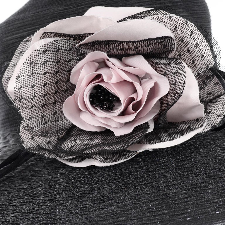 Frank Olive Neiman Marcus Vintage Black Straw Hat w/ Pink Roses and