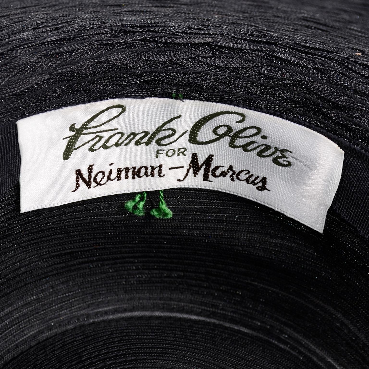Frank Olive Neiman Marcus Vintage Black Straw Hat w/ Pink Roses & Lace 5